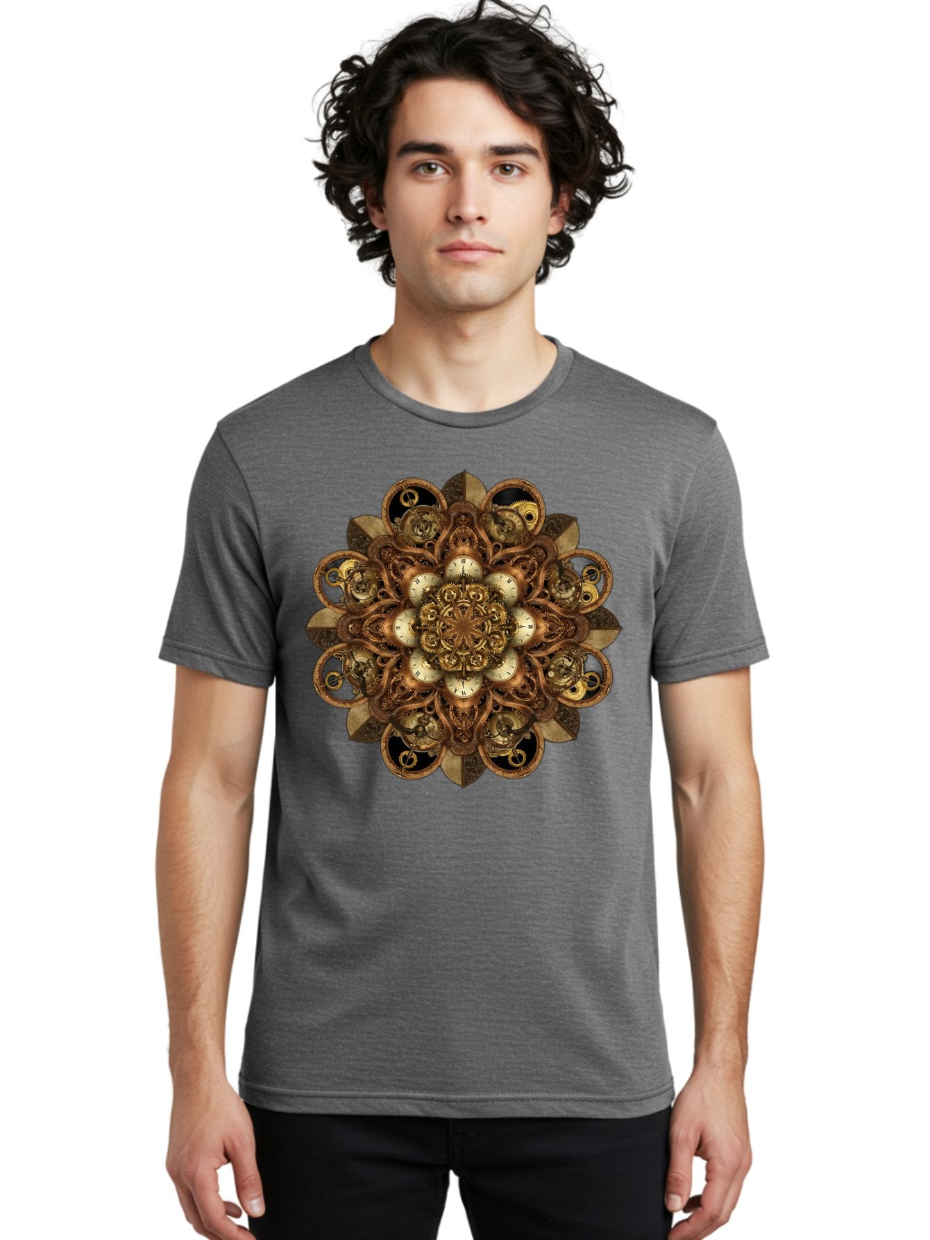 Clockwork-Mandala Men'S Graphic Tee, 100% Cotton, Comfortable Casual Summer Wear, Machine Washable, Steampunk Clock Mandala, Intricate Clockwork Design, Antique Clockwork Mechanism, Ornate Patterns, Vintage Gears, Complex Artwork, Surreal Art, Bac866 17