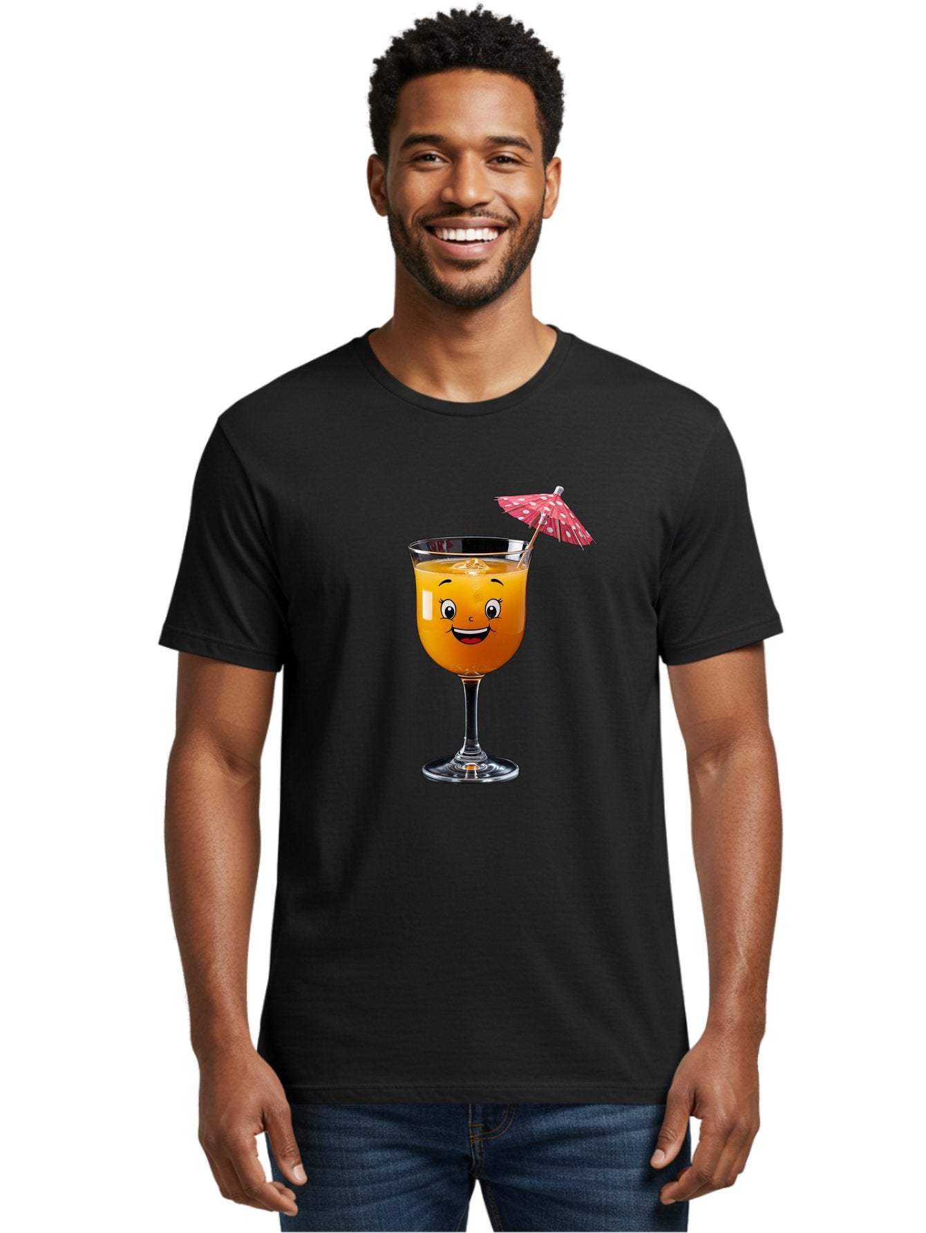 Cocktail-Glass Men'S Graphic Tee, 100% Cotton, Comfortable Casual Summer Wear, Machine Washable, Smiling Cocktail, Orange Drink, Cartoon Character, Summer Vibes, Refreshing Beverage, Cocktail Umbrella, Happy Face, Glassware, Party Atmosphere Bac872 16
