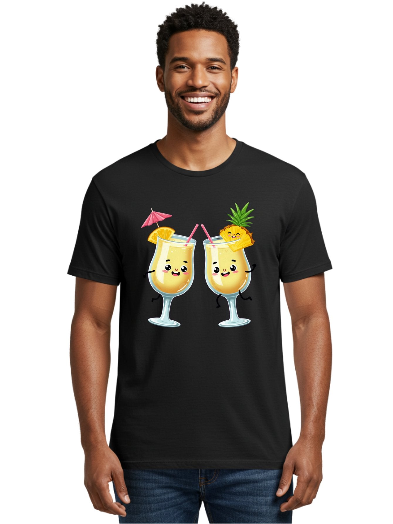 Cocktail-Glasses Men'S Graphic Tee, 100% Cotton, Comfortable Casual Summer Wear, Machine Washable, Cartoon Cocktail Glasses, Summer Drinks, Pineapple Cocktail, Orange Slice Garnish, Pink Umbrella, Funny Drinks, Tropical Beverages, Bac873 30