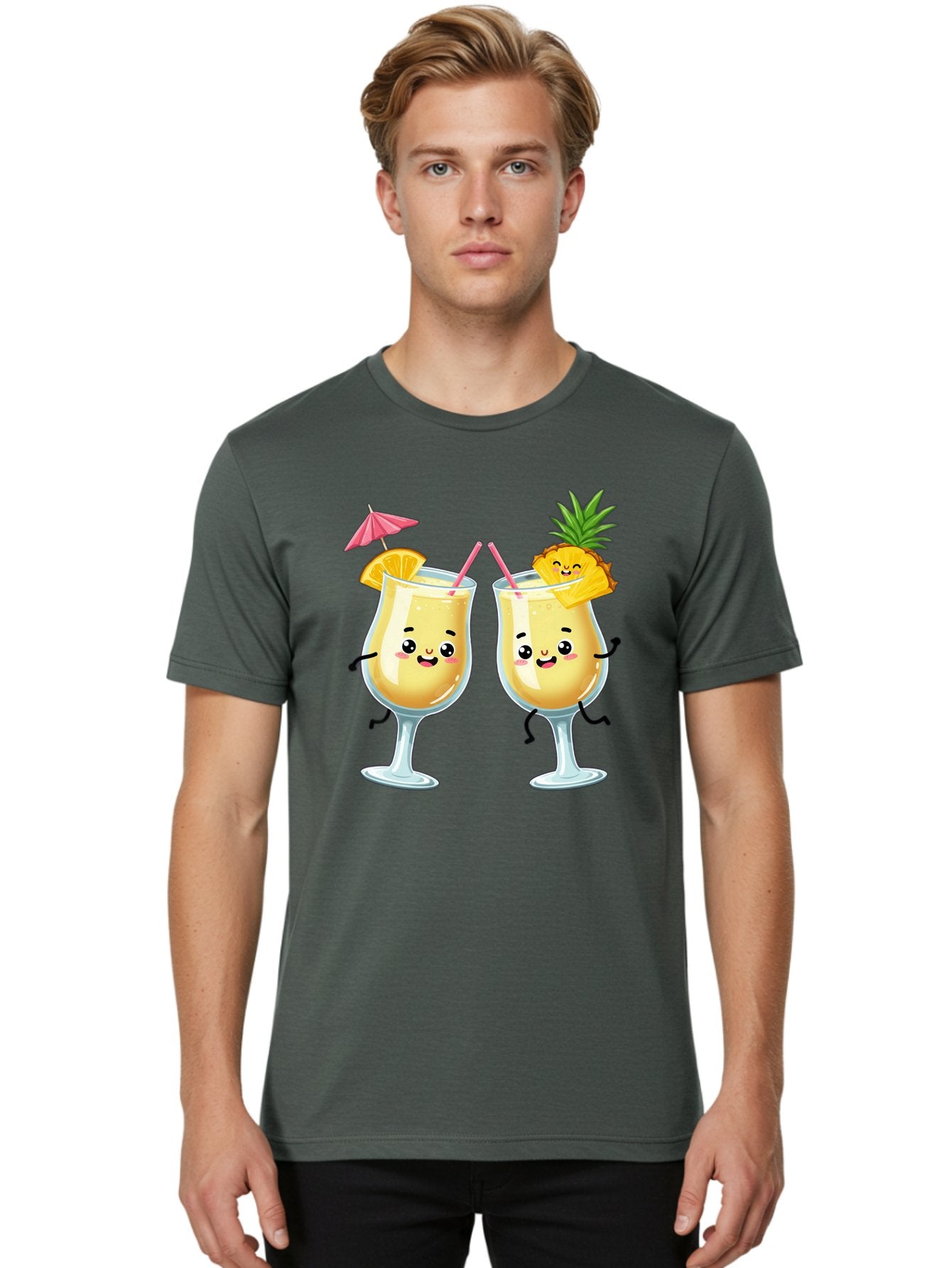 Cocktail-Glasses Men'S Graphic Tee, 100% Cotton, Comfortable Casual Summer Wear, Machine Washable, Cartoon Cocktail Glasses, Summer Drinks, Pineapple Cocktail, Orange Slice Garnish, Pink Umbrella, Funny Drinks, Tropical Beverages, Bac873 16