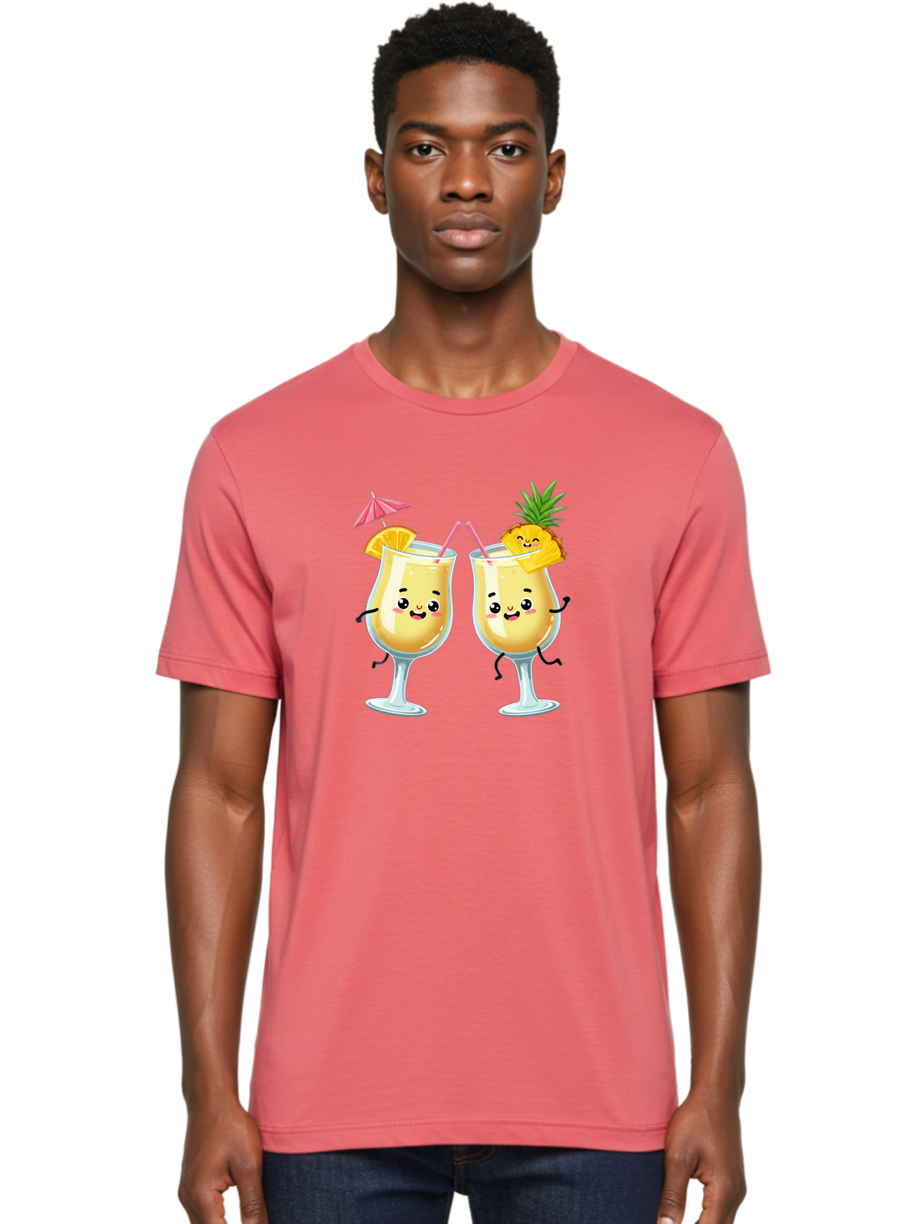 Cocktail-Glasses Men'S Graphic Tee, 100% Cotton, Comfortable Casual Summer Wear, Machine Washable, Cartoon Cocktail Glasses, Summer Drinks, Pineapple Cocktail, Orange Slice Garnish, Pink Umbrella, Funny Drinks, Tropical Beverages, Bac873 23