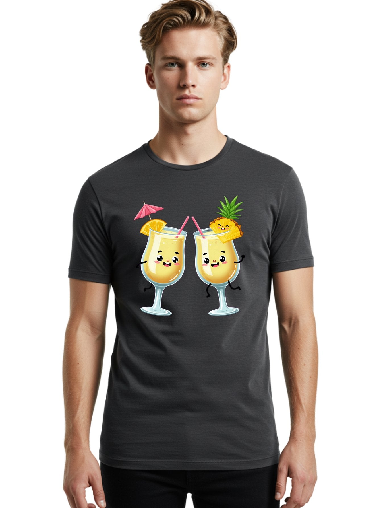 Cocktail-Glasses Men'S Graphic Tee, 100% Cotton, Comfortable Casual Summer Wear, Machine Washable, Cartoon Cocktail Glasses, Summer Drinks, Pineapple Cocktail, Orange Slice Garnish, Pink Umbrella, Funny Drinks, Tropical Beverages, Bac873 22