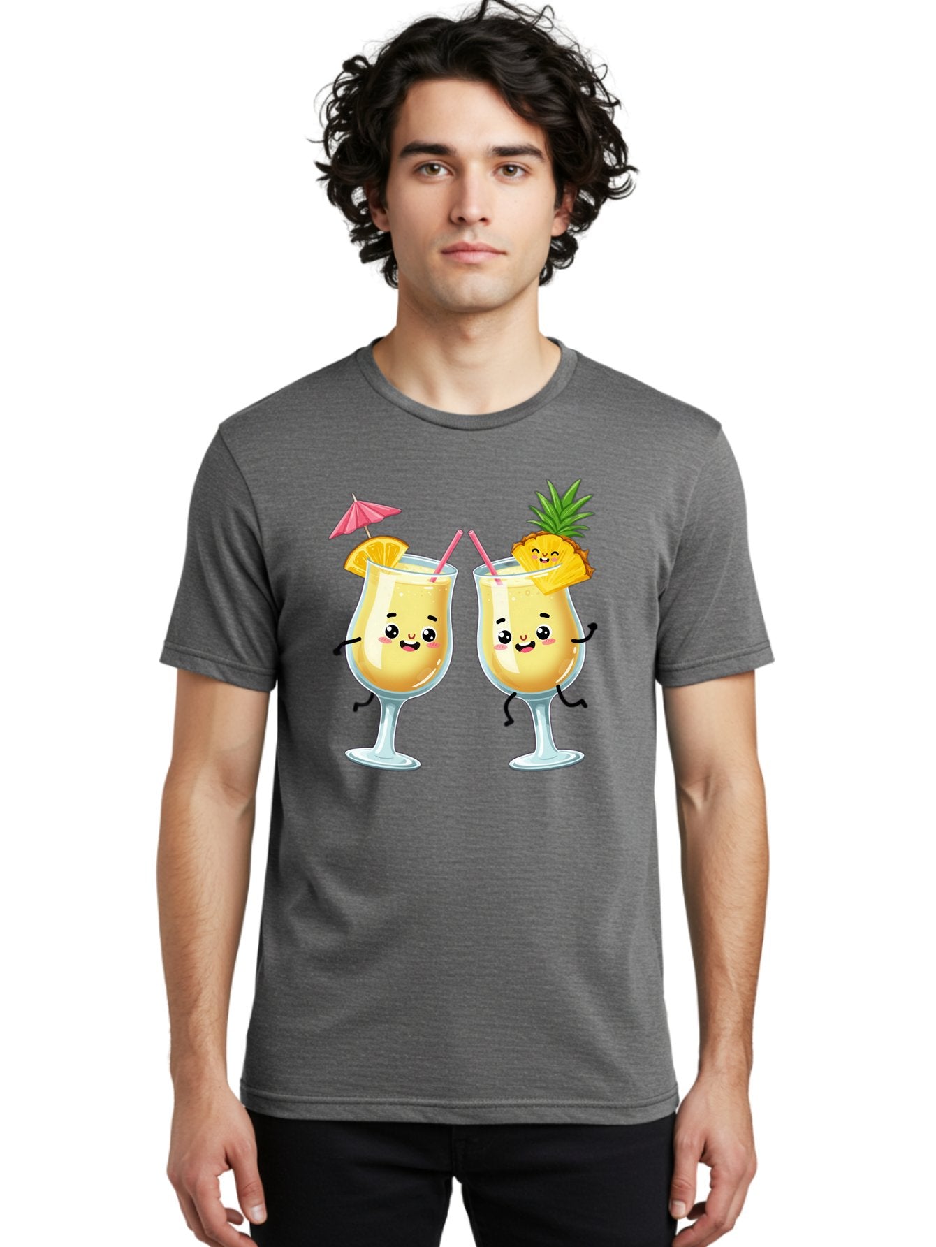 Cocktail-Glasses Men'S Graphic Tee, 100% Cotton, Comfortable Casual Summer Wear, Machine Washable, Cartoon Cocktail Glasses, Summer Drinks, Pineapple Cocktail, Orange Slice Garnish, Pink Umbrella, Funny Drinks, Tropical Beverages, Bac873 26