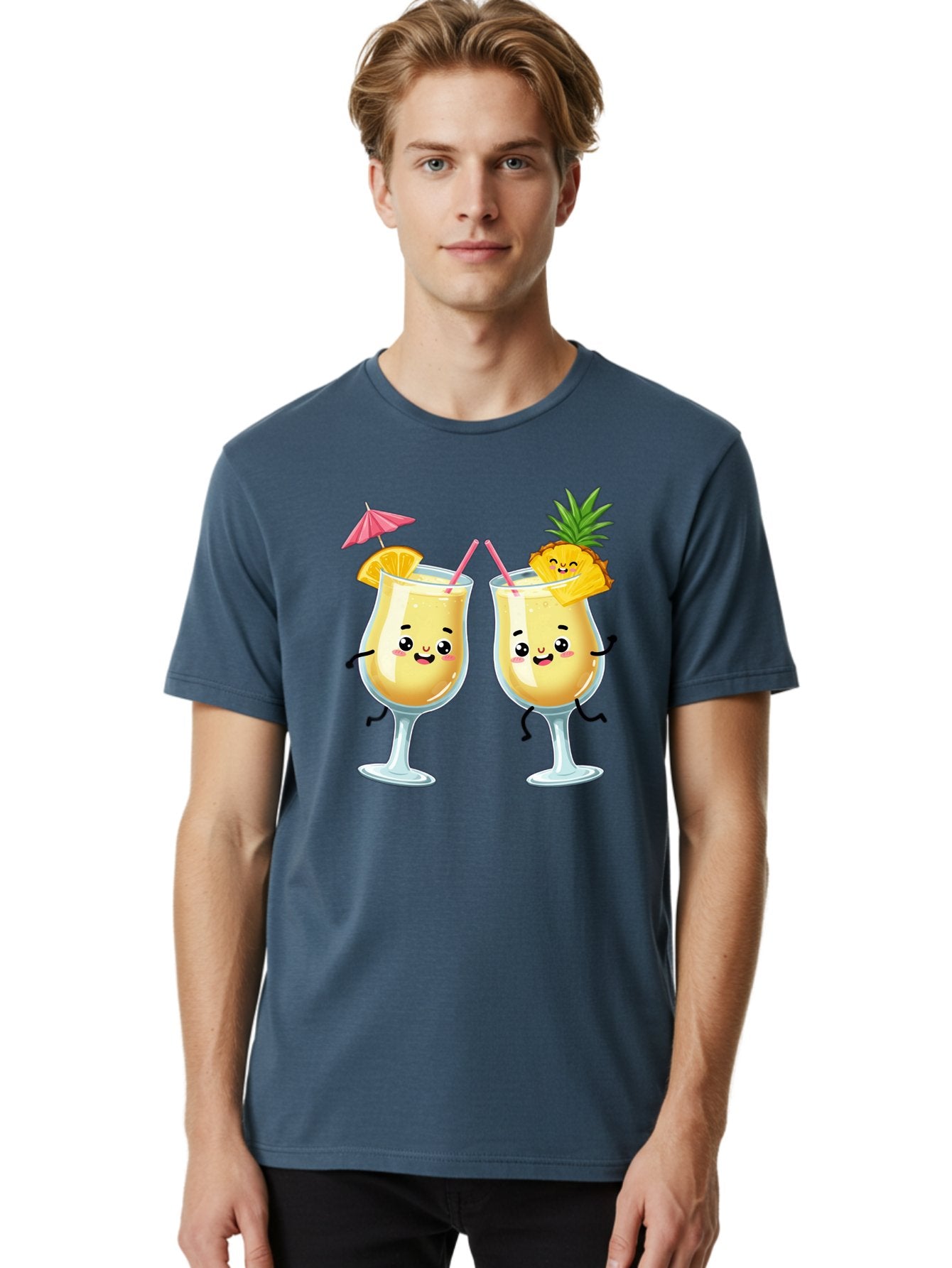 Cocktail-Glasses Men'S Graphic Tee, 100% Cotton, Comfortable Casual Summer Wear, Machine Washable, Cartoon Cocktail Glasses, Summer Drinks, Pineapple Cocktail, Orange Slice Garnish, Pink Umbrella, Funny Drinks, Tropical Beverages, Bac873 27