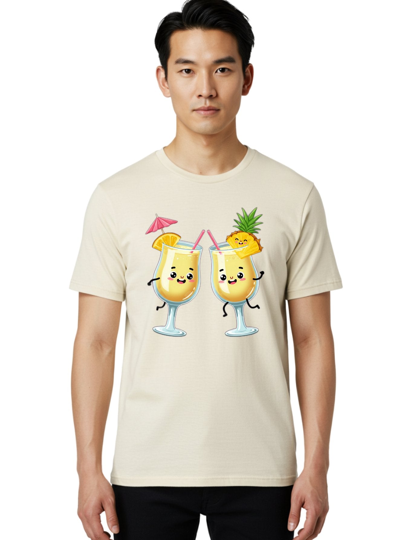 Cocktail-Glasses Men'S Graphic Tee, 100% Cotton, Comfortable Casual Summer Wear, Machine Washable, Cartoon Cocktail Glasses, Summer Drinks, Pineapple Cocktail, Orange Slice Garnish, Pink Umbrella, Funny Drinks, Tropical Beverages, Bac873 19