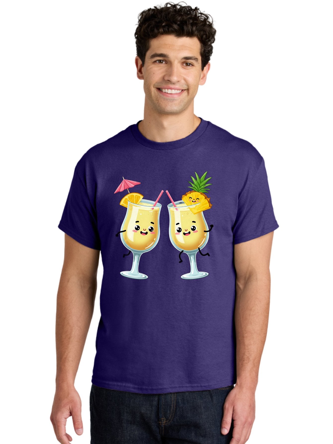 Cocktail-Glasses Men'S Graphic Tee, 100% Cotton, Comfortable Casual Summer Wear, Machine Washable, Cartoon Cocktail Glasses, Summer Drinks, Pineapple Cocktail, Orange Slice Garnish, Pink Umbrella, Funny Drinks, Tropical Beverages, Bac873 24