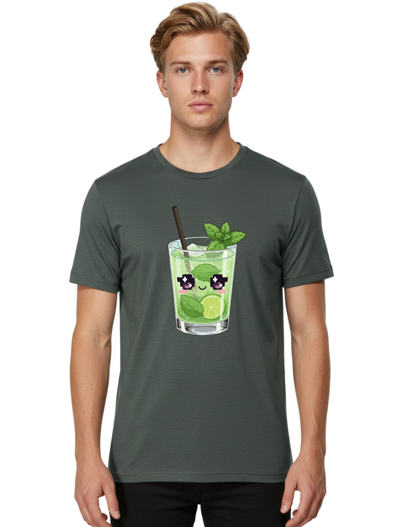 Cocktail-Mojito Men'S Graphic Tee, 100% Cotton, Comfortable Casual Summer Wear, Machine Washable, Mint Leaves, Lime Slice, Mojito Cocktail, Cartoon Character, Refreshing Drink, Cool Beverage, Summer Vibes, Cute Face Bac874 25