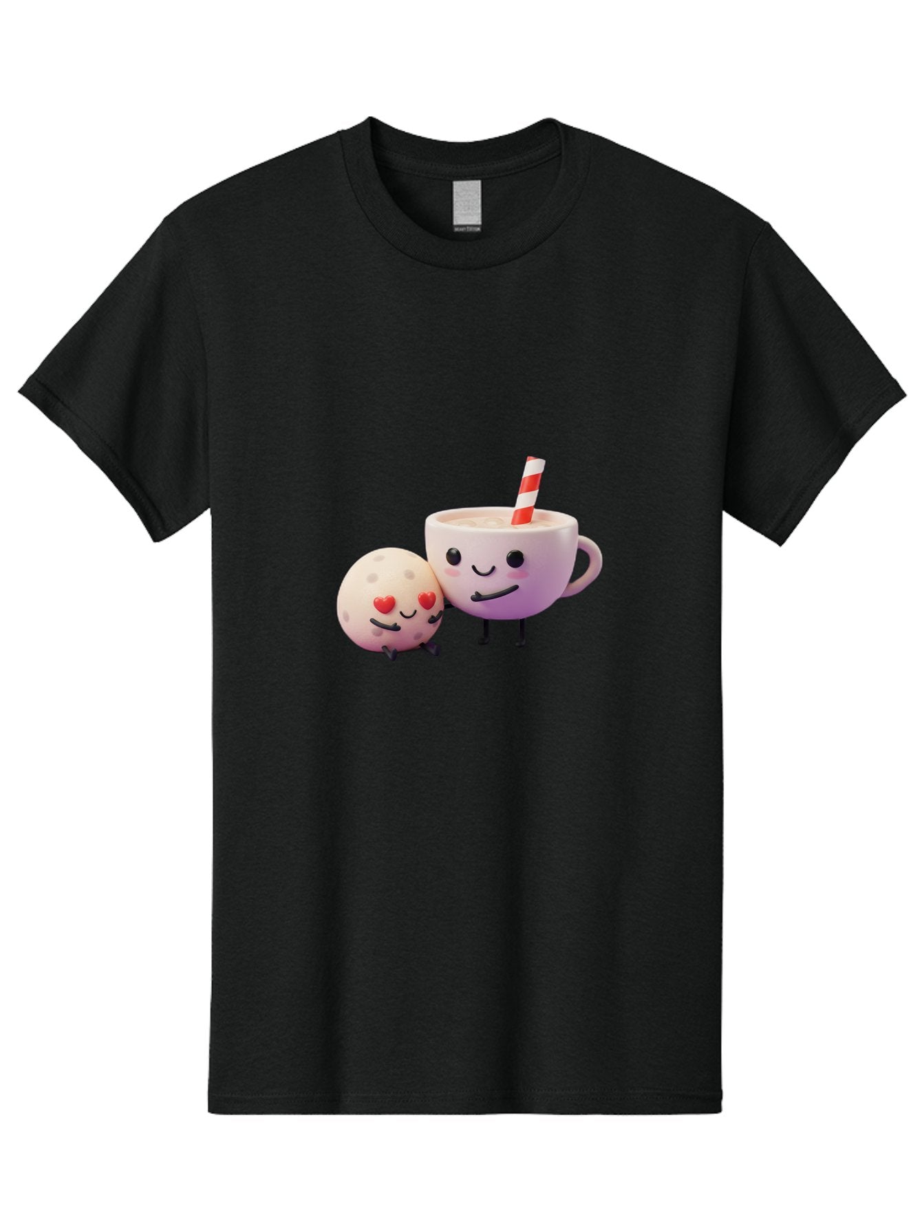 Coffee-Cup-And-Cookie Men'S Graphic Tee, 100% Cotton, Comfortable Casual Summer Wear, Machine Washable, Cartoon Cup, Smiling Cookie, Heart Eyes, Striped Straw, Cute Characters, Anthropomorphic Objects, Playful Design, Whimsical Illustration, Bac878 8
