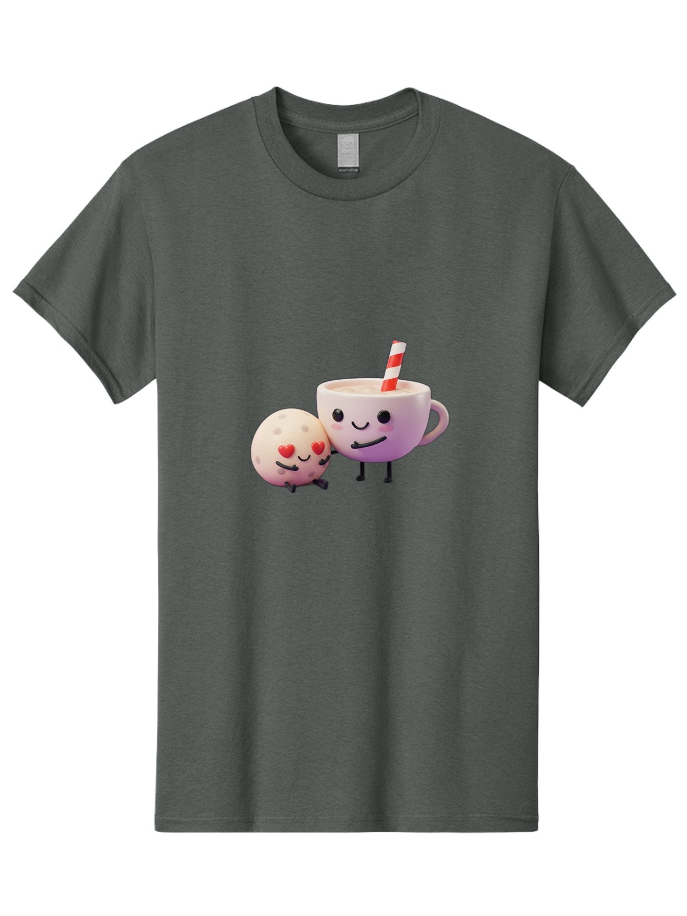 Coffee-Cup-And-Cookie Men'S Graphic Tee, 100% Cotton, Comfortable Casual Summer Wear, Machine Washable, Cartoon Cup, Smiling Cookie, Heart Eyes, Striped Straw, Cute Characters, Anthropomorphic Objects, Playful Design, Whimsical Illustration, Bac878 9