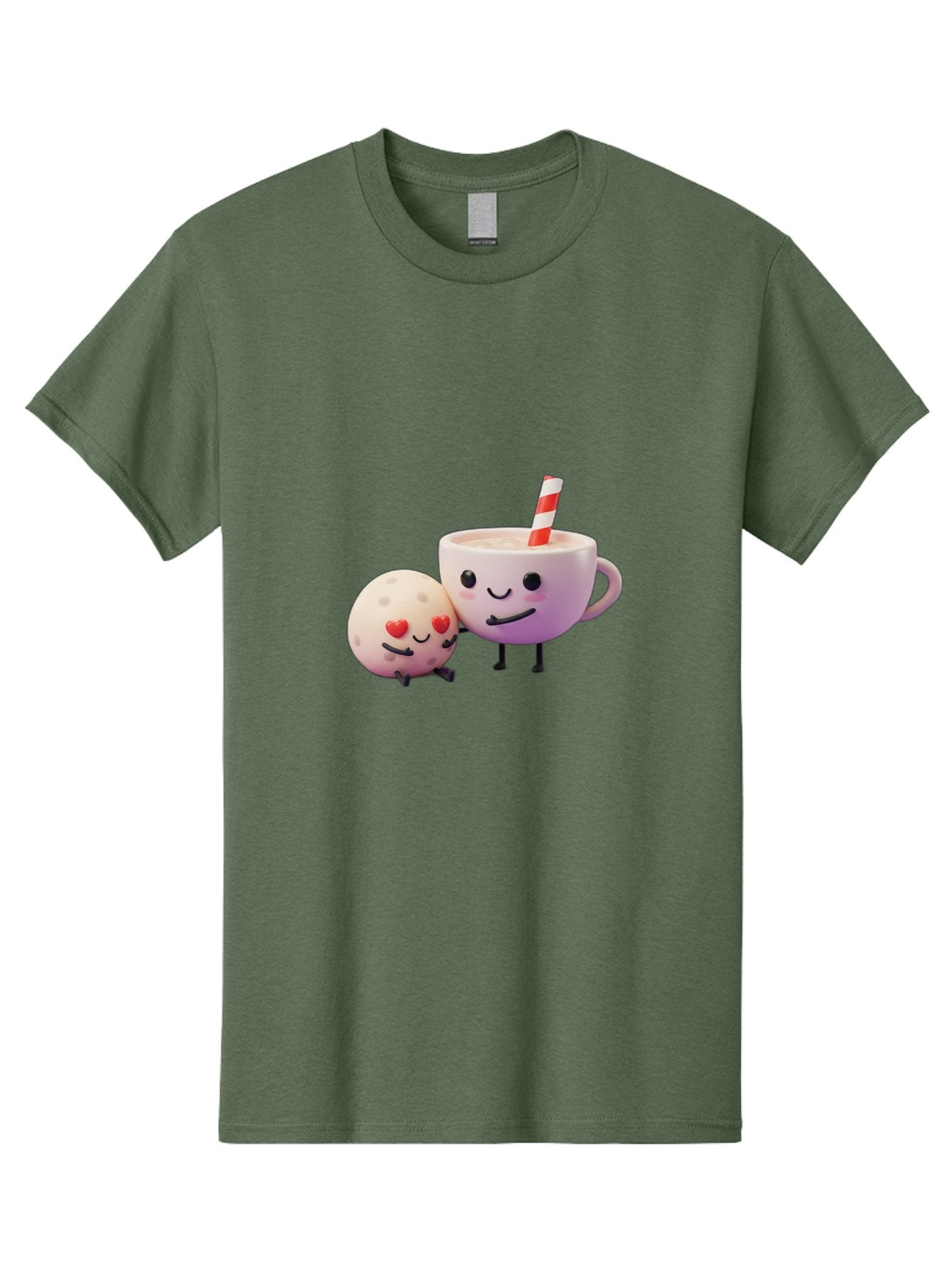 Coffee-Cup-And-Cookie Men'S Graphic Tee, 100% Cotton, Comfortable Casual Summer Wear, Machine Washable, Cartoon Cup, Smiling Cookie, Heart Eyes, Striped Straw, Cute Characters, Anthropomorphic Objects, Playful Design, Whimsical Illustration, Bac878 13