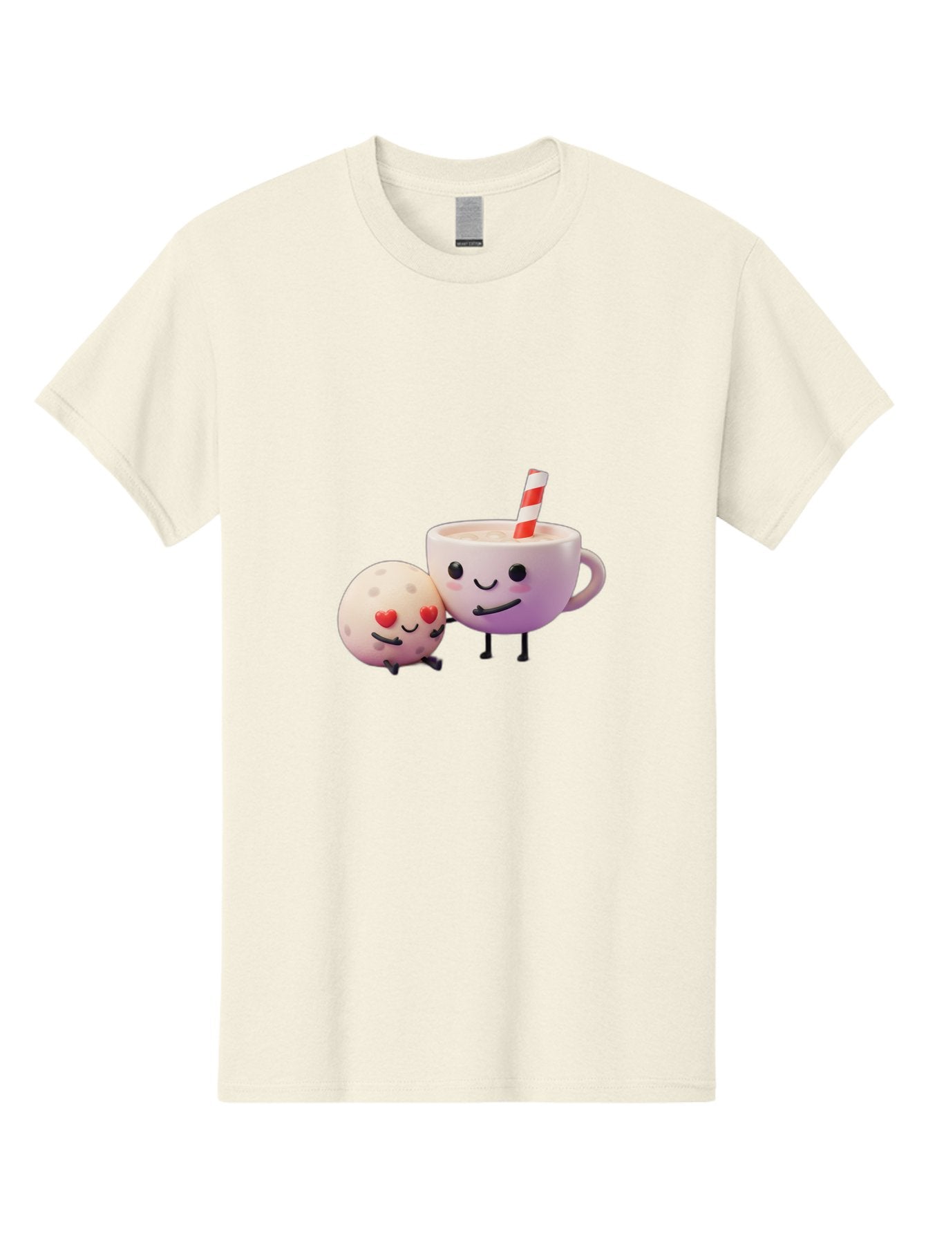 Coffee-Cup-And-Cookie Men'S Graphic Tee, 100% Cotton, Comfortable Casual Summer Wear, Machine Washable, Cartoon Cup, Smiling Cookie, Heart Eyes, Striped Straw, Cute Characters, Anthropomorphic Objects, Playful Design, Whimsical Illustration, Bac878