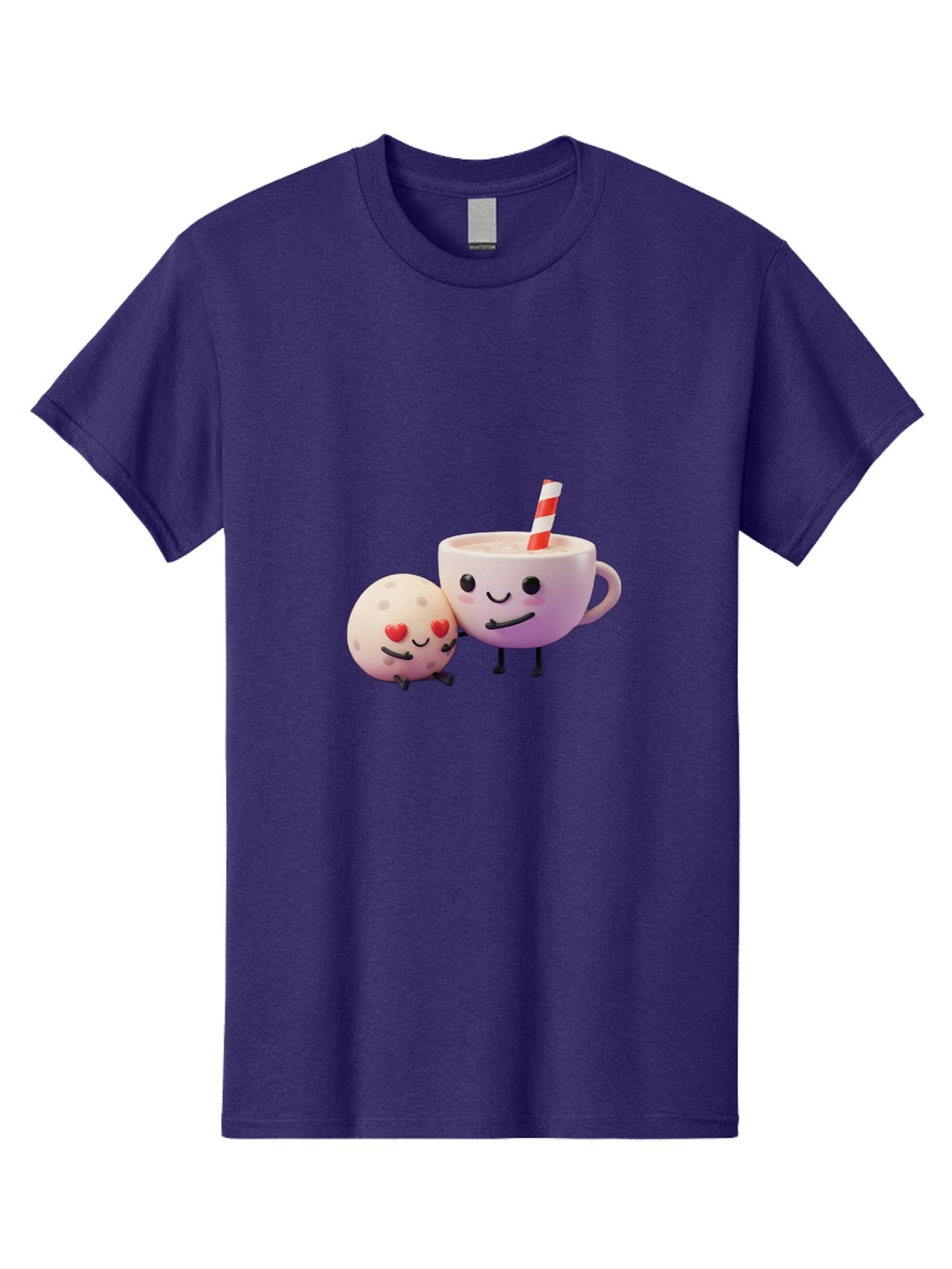 Coffee-Cup-And-Cookie Men'S Graphic Tee, 100% Cotton, Comfortable Casual Summer Wear, Machine Washable, Cartoon Cup, Smiling Cookie, Heart Eyes, Striped Straw, Cute Characters, Anthropomorphic Objects, Playful Design, Whimsical Illustration, Bac878 3