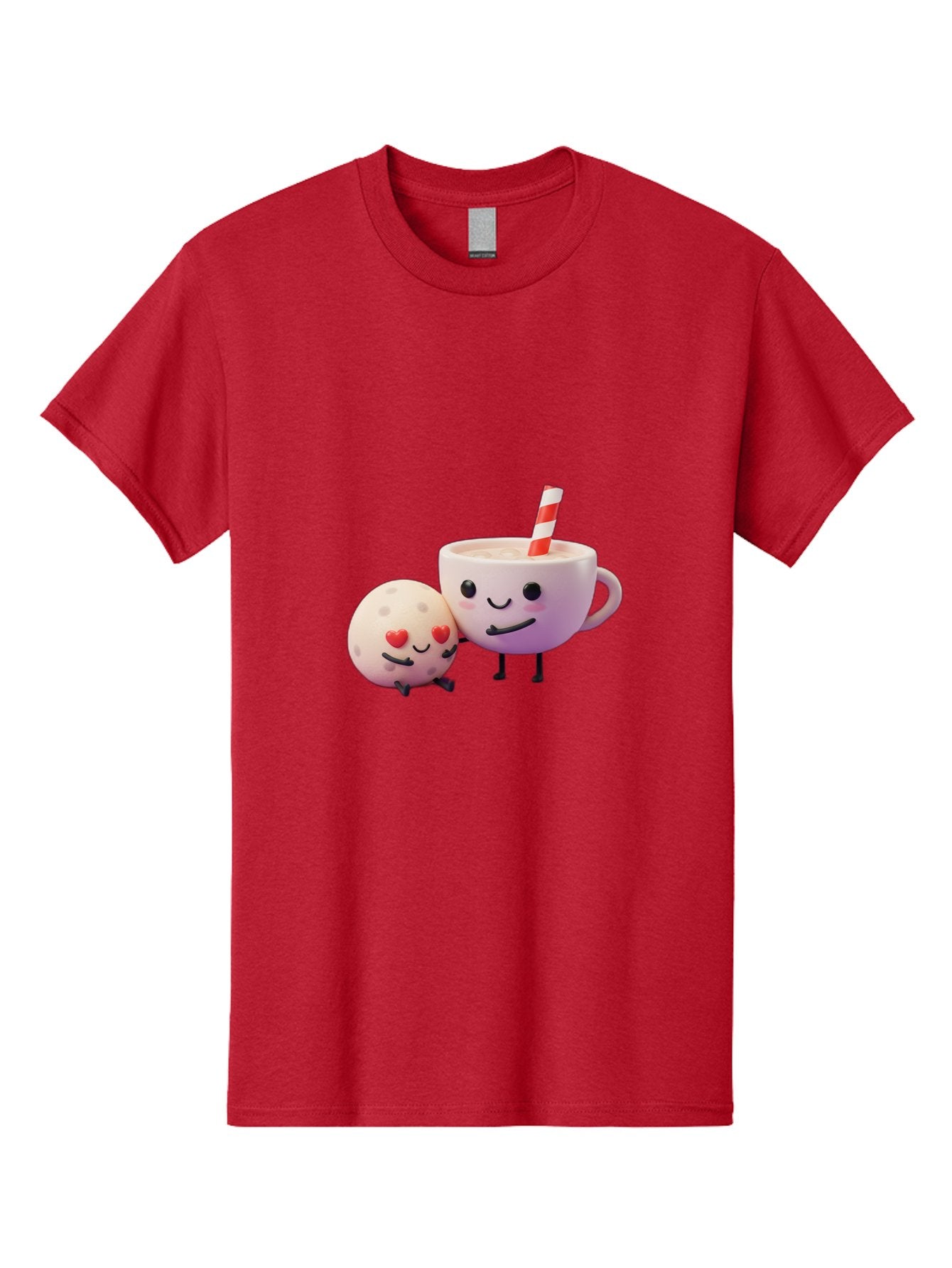 Coffee-Cup-And-Cookie Men'S Graphic Tee, 100% Cotton, Comfortable Casual Summer Wear, Machine Washable, Cartoon Cup, Smiling Cookie, Heart Eyes, Striped Straw, Cute Characters, Anthropomorphic Objects, Playful Design, Whimsical Illustration, Bac878