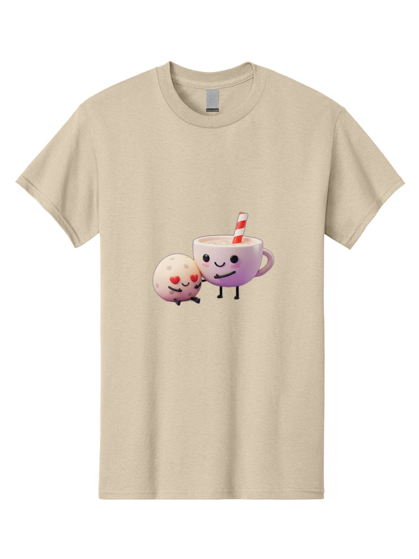 Coffee-Cup-And-Cookie Men'S Graphic Tee, 100% Cotton, Comfortable Casual Summer Wear, Machine Washable, Cartoon Cup, Smiling Cookie, Heart Eyes, Striped Straw, Cute Characters, Anthropomorphic Objects, Playful Design, Whimsical Illustration, Bac878 5