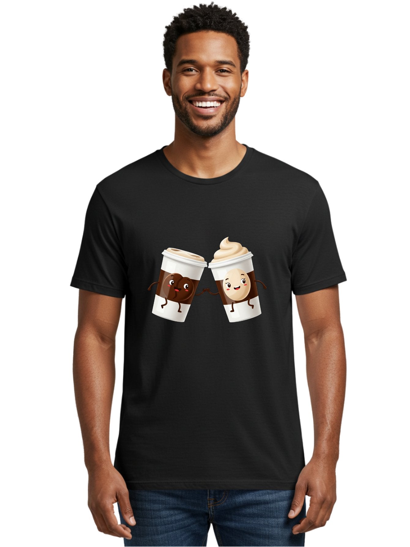 Coffee-Cups Men'S Graphic Tee, 100% Cotton, Comfortable Casual Summer Wear, Machine Washable, Cartoon Coffee Cups, Coffee Characters, Happy Faces, Anthropomorphic Cups, Playful Illustration, Hot Beverages, Cartoon Style, Cup Designs, Bac879 23