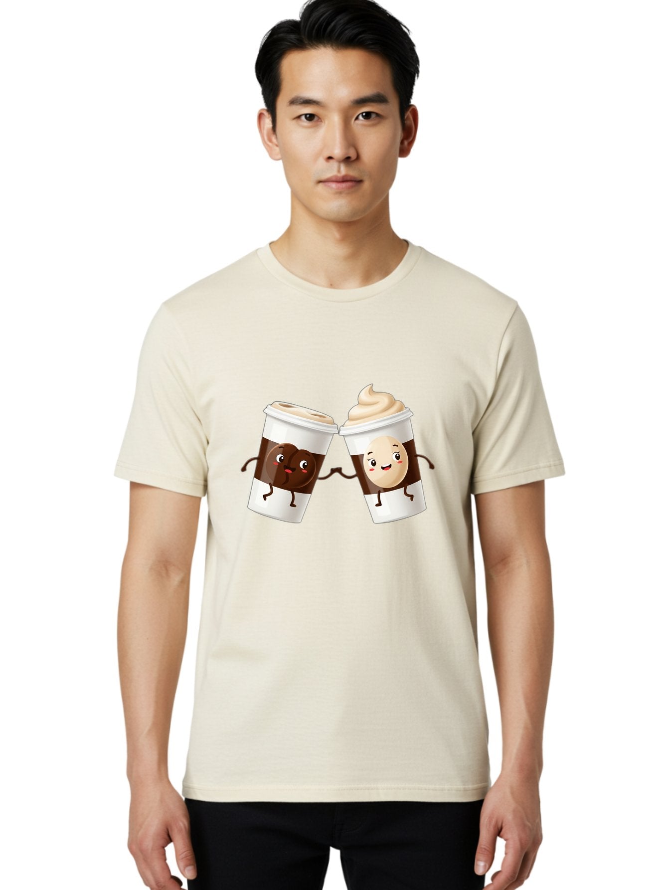 Coffee-Cups Men'S Graphic Tee, 100% Cotton, Comfortable Casual Summer Wear, Machine Washable, Cartoon Coffee Cups, Coffee Characters, Happy Faces, Anthropomorphic Cups, Playful Illustration, Hot Beverages, Cartoon Style, Cup Designs, Bac879 29