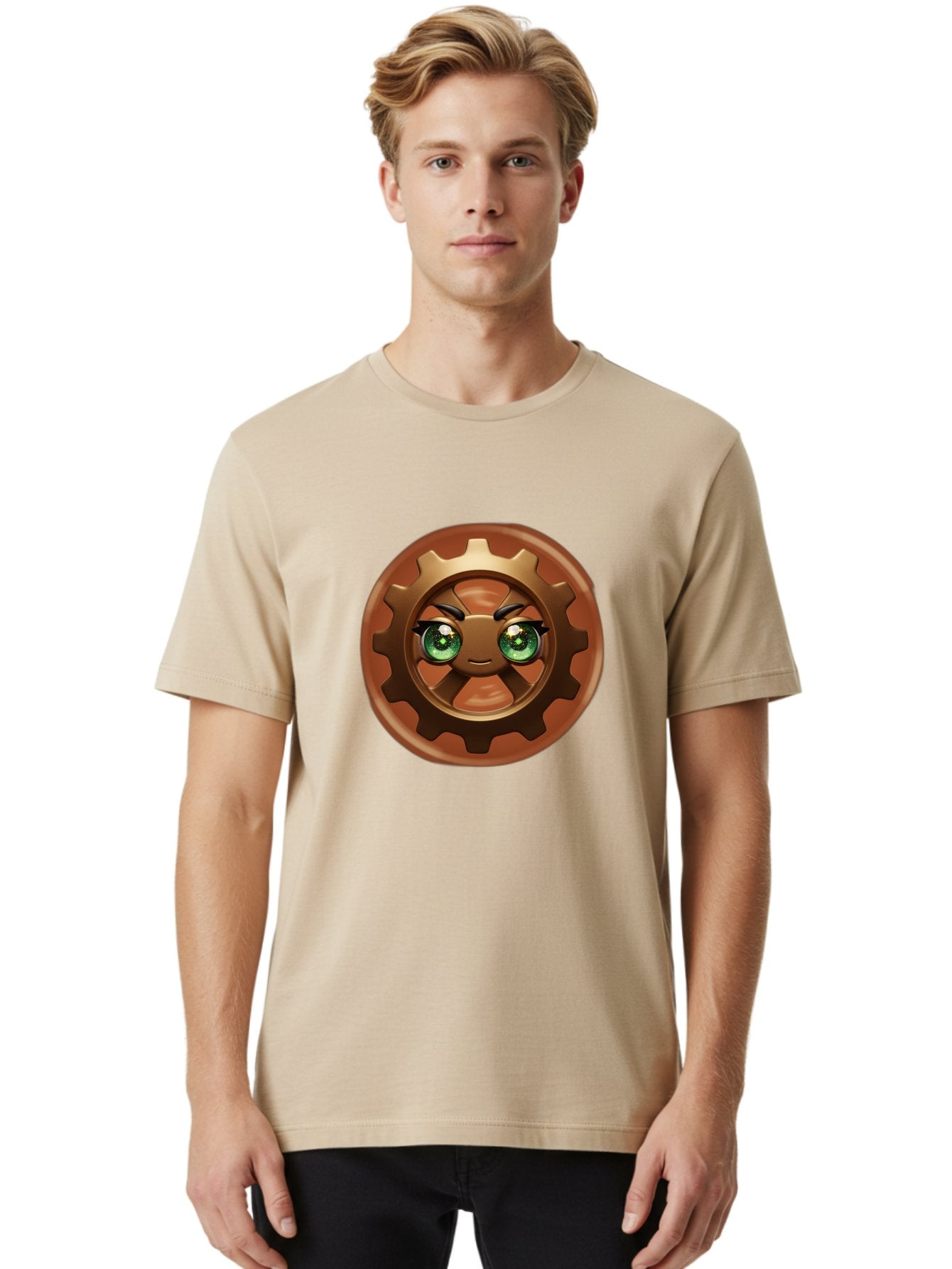 Cog-Character Men'S Graphic Tee, 100% Cotton, Comfortable Casual Summer Wear, Machine Washable, Cartoon Gear Character, Steampunk Design, Mechanical Face, Green Eyes, Eyebrow Raise, 3D Rendering, Gear Teeth, Mechanical Character, Kawaii Style, Bac880 17