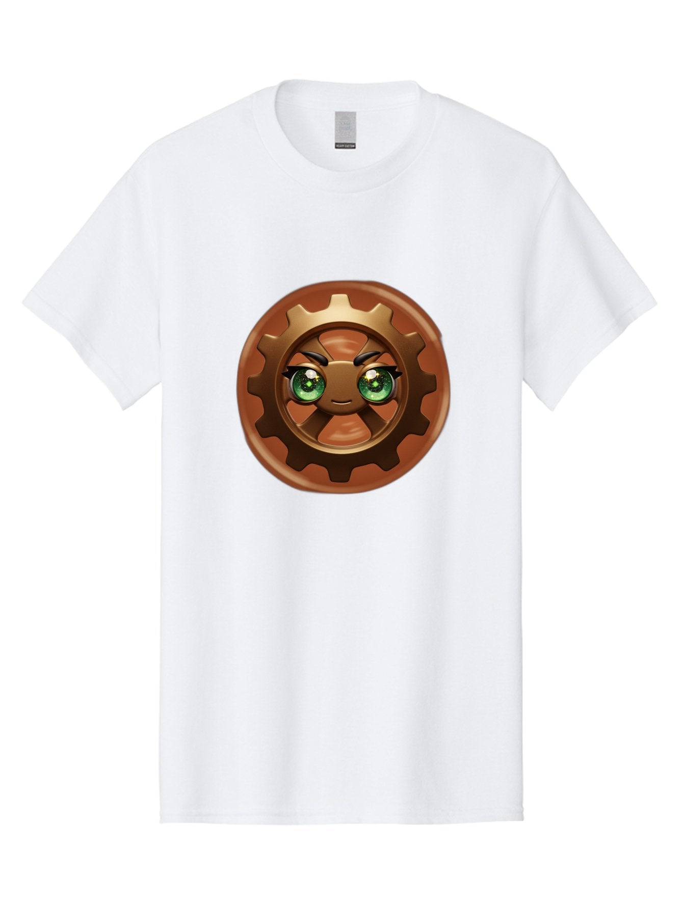 Cog-Character Men'S Graphic Tee, 100% Cotton, Comfortable Casual Summer Wear, Machine Washable, Cartoon Gear Character, Steampunk Design, Mechanical Face, Green Eyes, Eyebrow Raise, 3D Rendering, Gear Teeth, Mechanical Character, Kawaii Style, Bac880 7