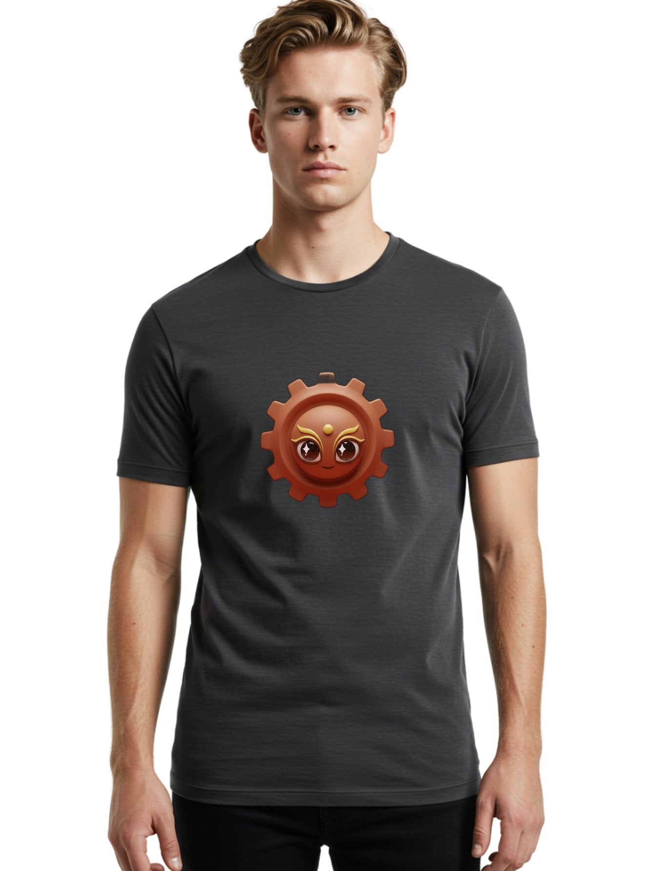 Cog-Emoji-1 Men'S Graphic Tee, 100% Cotton, Comfortable Casual Summer Wear, Machine Washable, Cartoon Cog, Gear Emoji, Mechanical Face, 3D Illustration, Animated Machinery, Robotic Character, Smiling Cog, Tech-Inspired Art, Machinery Parts, Bac881 18