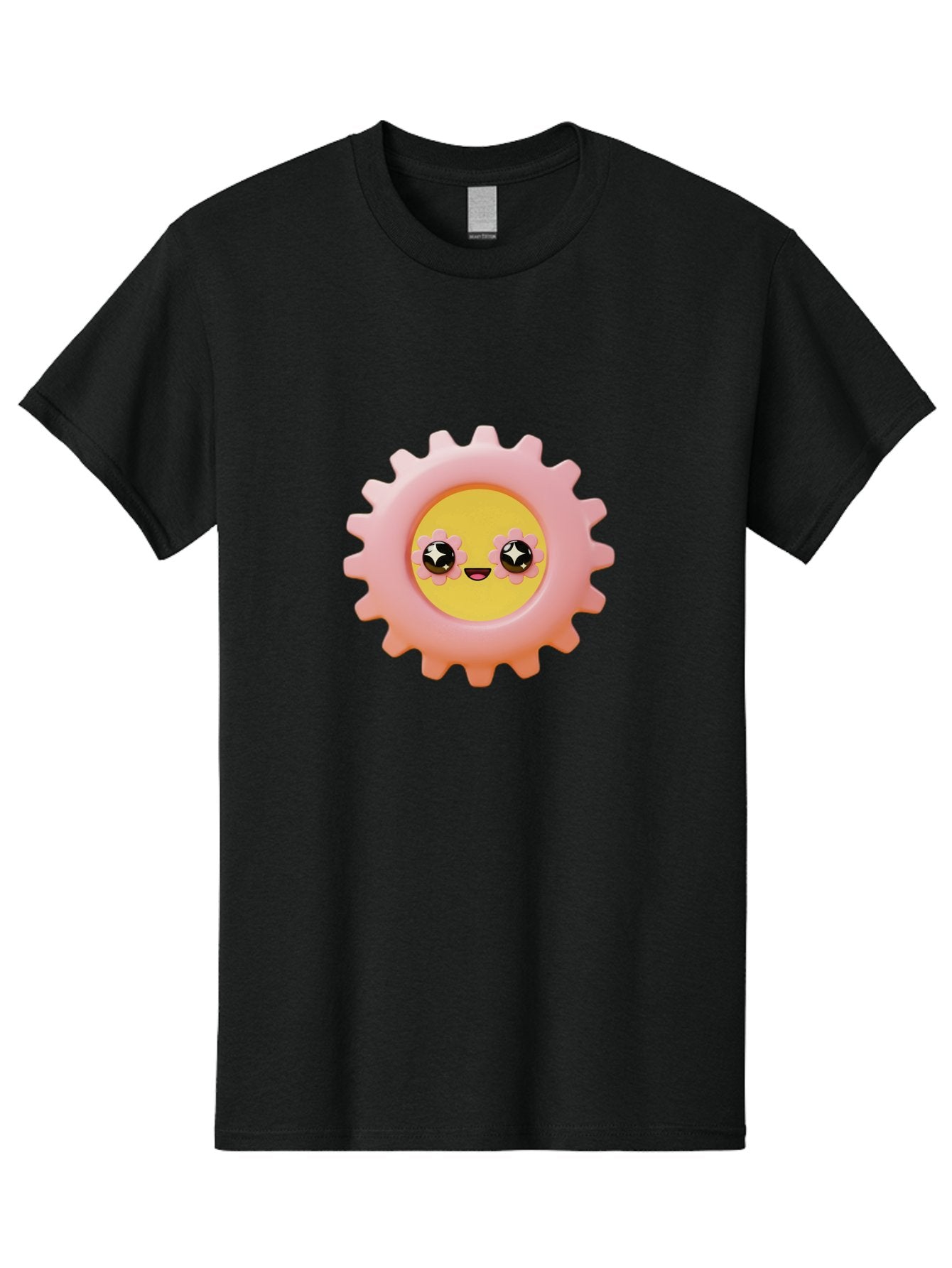 Cog-Emoji Men'S Graphic Tee, 100% Cotton, Comfortable Casual Summer Wear, Machine Washable, Pink Gear, Smiley Face, Cartoon Character, Playful Smile, Happy Expression, Cute Design, Toothed Wheel, Yellow Center, Black Eyes Bac882 7