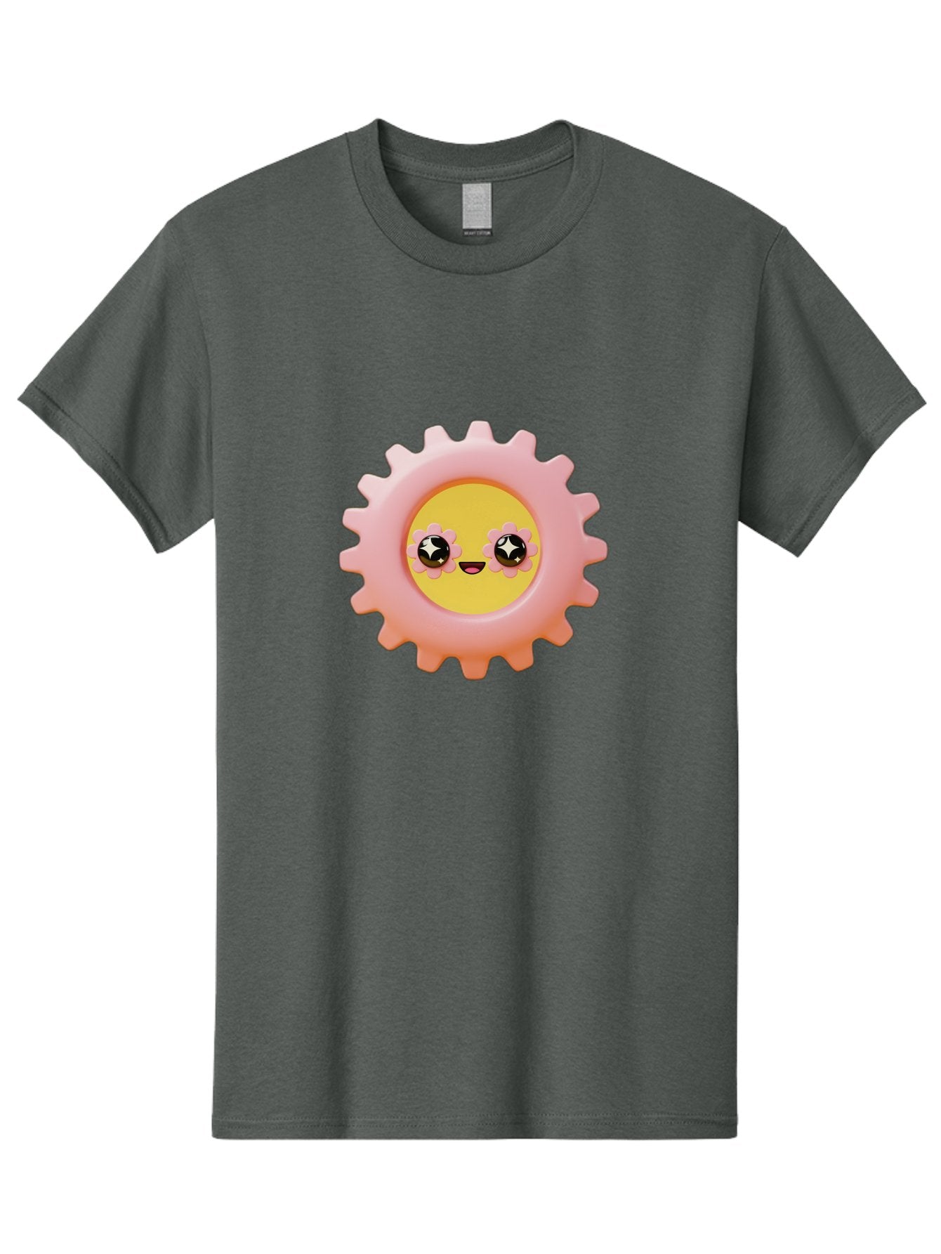 Cog-Emoji Men'S Graphic Tee, 100% Cotton, Comfortable Casual Summer Wear, Machine Washable, Pink Gear, Smiley Face, Cartoon Character, Playful Smile, Happy Expression, Cute Design, Toothed Wheel, Yellow Center, Black Eyes Bac882 12
