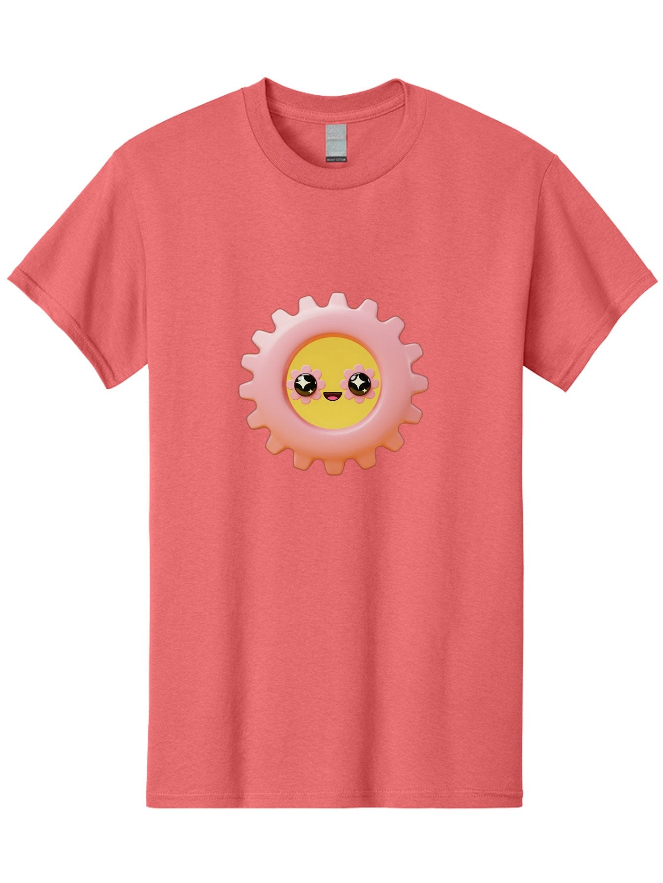 Cog-Emoji Men'S Graphic Tee, 100% Cotton, Comfortable Casual Summer Wear, Machine Washable, Pink Gear, Smiley Face, Cartoon Character, Playful Smile, Happy Expression, Cute Design, Toothed Wheel, Yellow Center, Black Eyes Bac882 8