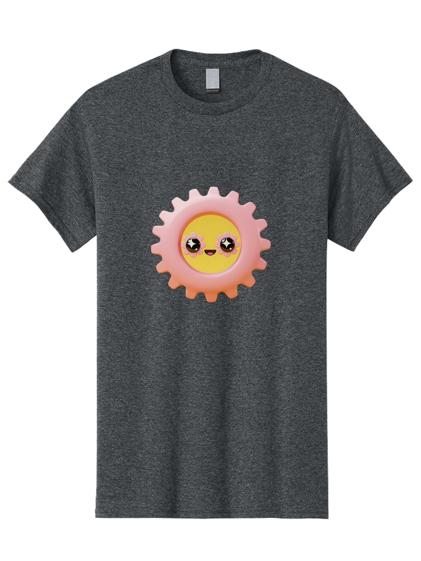 Cog-Emoji Men'S Graphic Tee, 100% Cotton, Comfortable Casual Summer Wear, Machine Washable, Pink Gear, Smiley Face, Cartoon Character, Playful Smile, Happy Expression, Cute Design, Toothed Wheel, Yellow Center, Black Eyes Bac882 5
