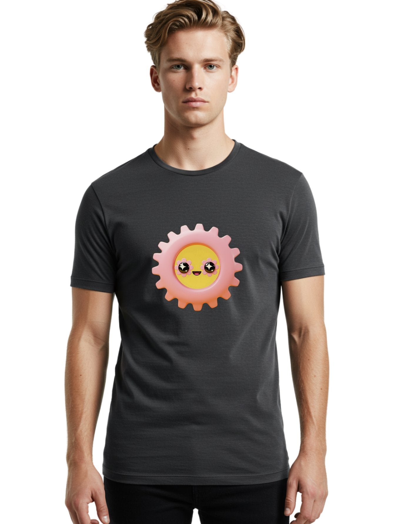 Cog-Emoji Men'S Graphic Tee, 100% Cotton, Comfortable Casual Summer Wear, Machine Washable, Pink Gear, Smiley Face, Cartoon Character, Playful Smile, Happy Expression, Cute Design, Toothed Wheel, Yellow Center, Black Eyes Bac882 23