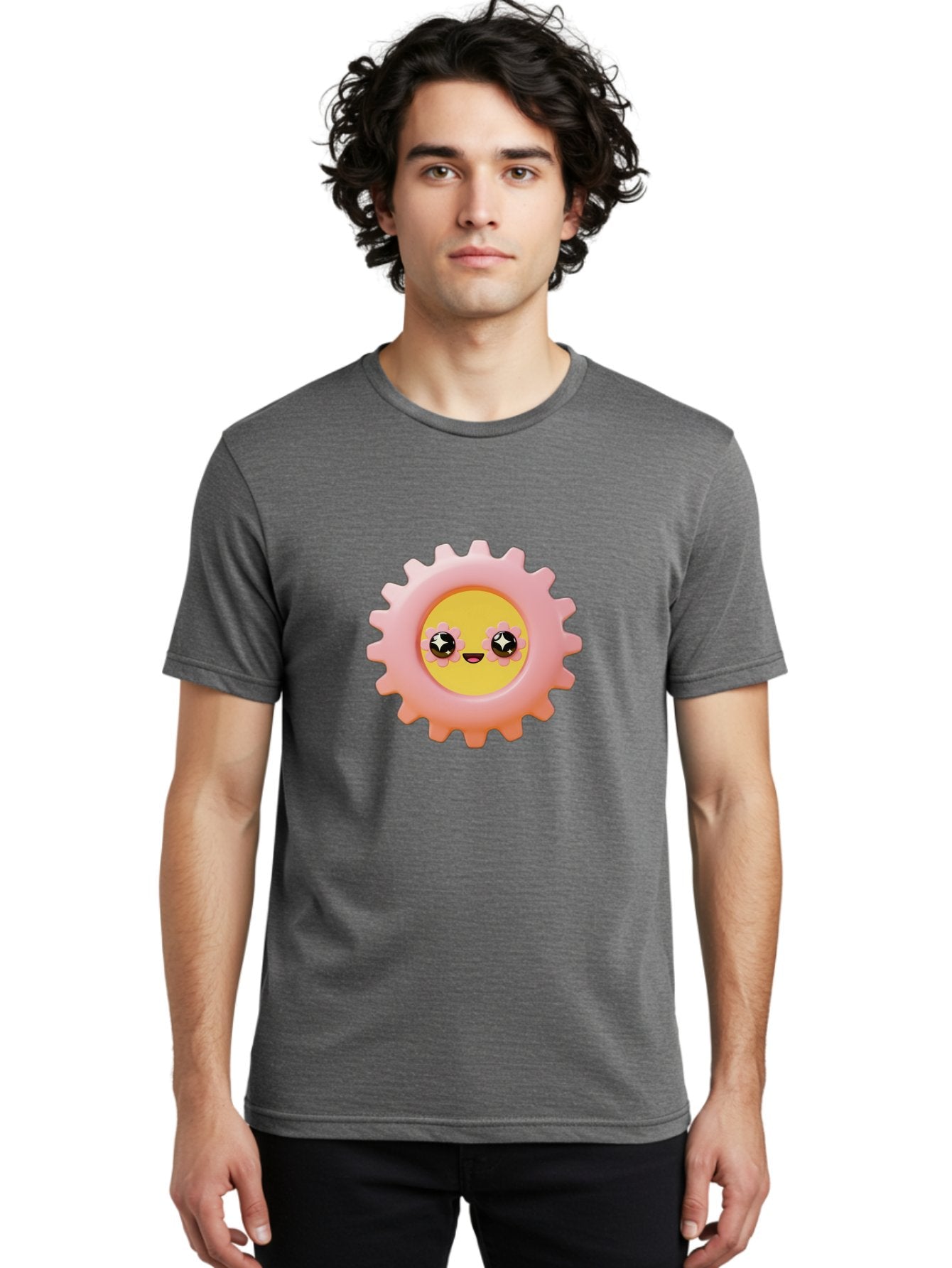 Cog-Emoji Men'S Graphic Tee, 100% Cotton, Comfortable Casual Summer Wear, Machine Washable, Pink Gear, Smiley Face, Cartoon Character, Playful Smile, Happy Expression, Cute Design, Toothed Wheel, Yellow Center, Black Eyes Bac882 24