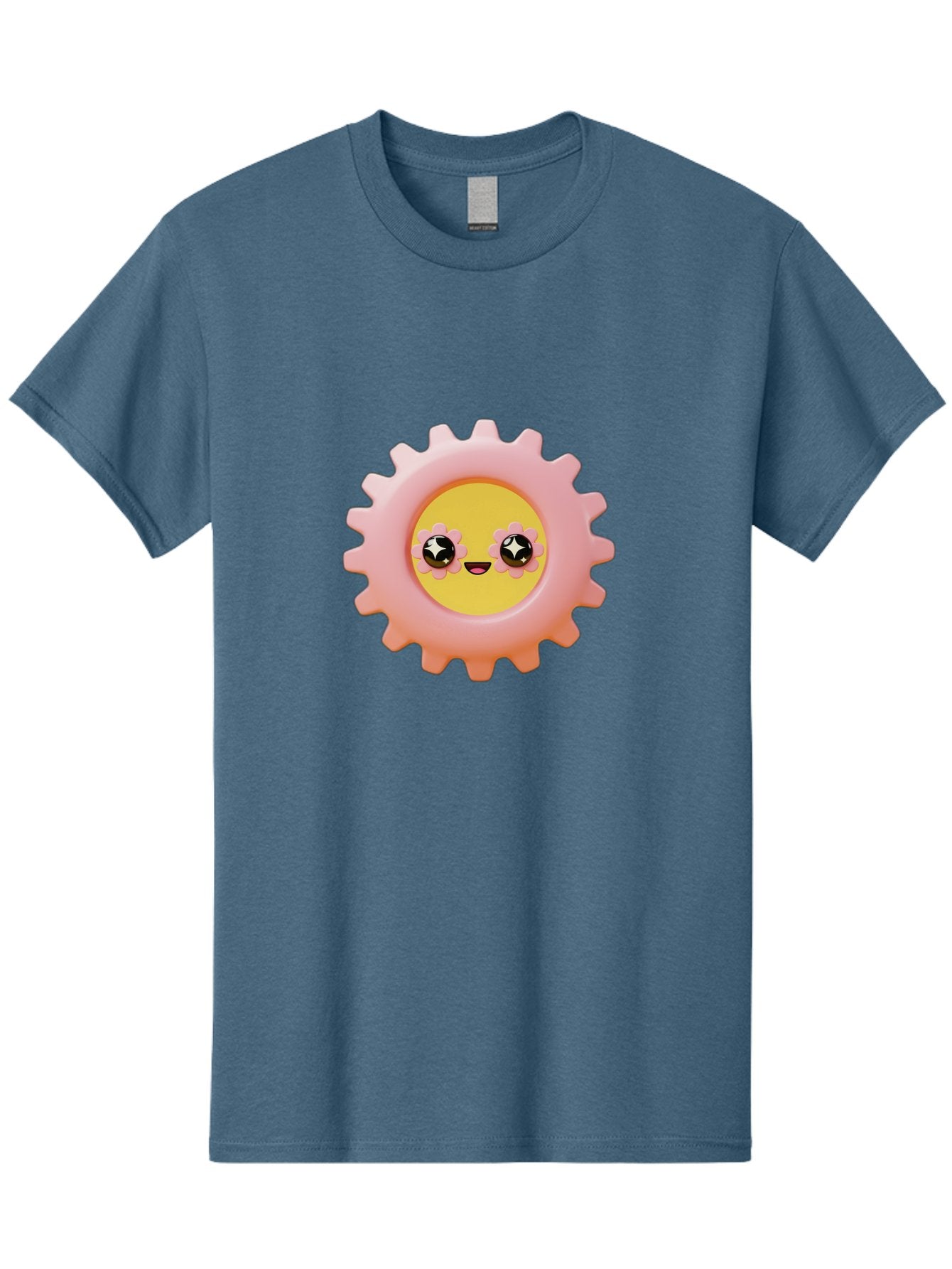Cog-Emoji Men'S Graphic Tee, 100% Cotton, Comfortable Casual Summer Wear, Machine Washable, Pink Gear, Smiley Face, Cartoon Character, Playful Smile, Happy Expression, Cute Design, Toothed Wheel, Yellow Center, Black Eyes Bac882 13