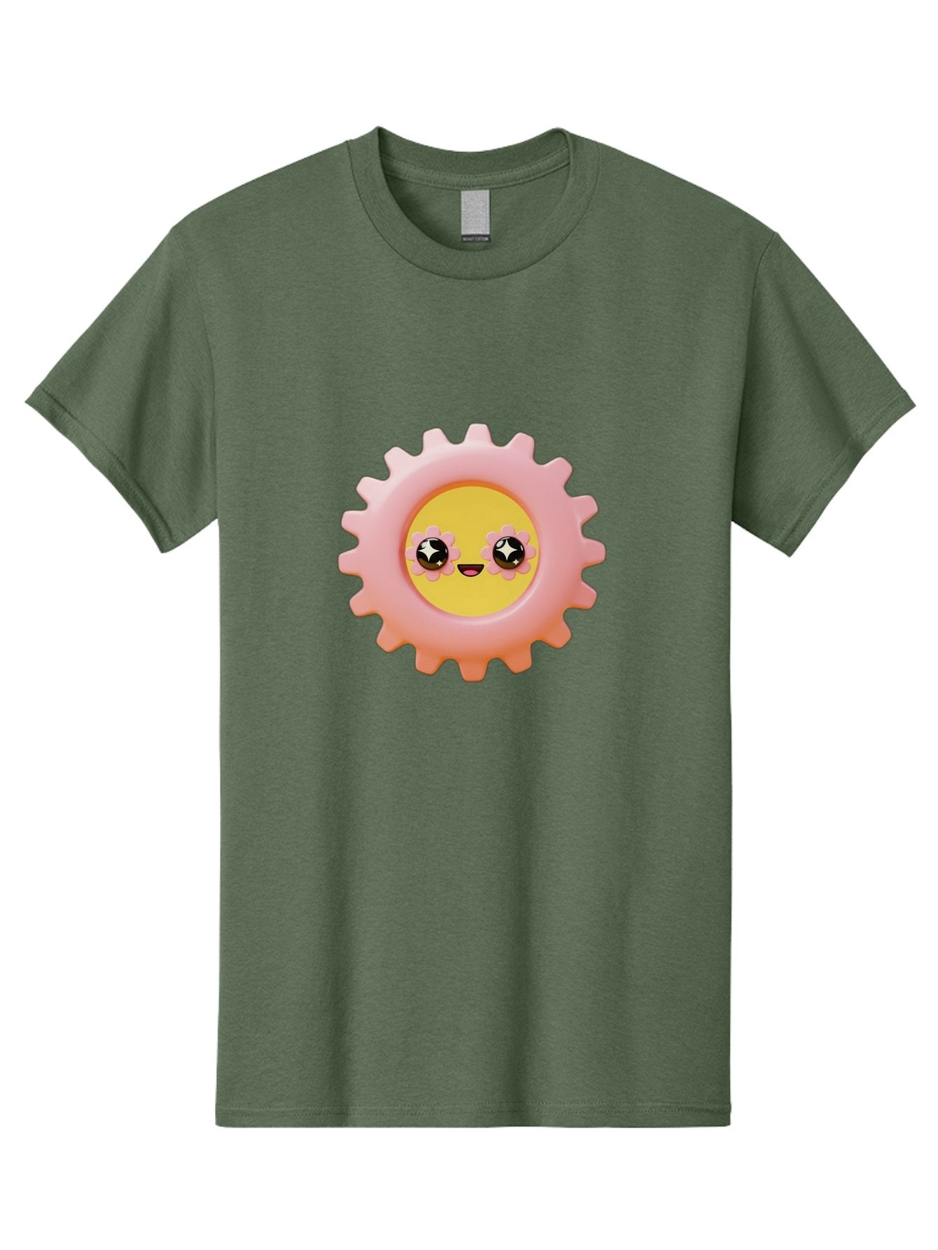 Cog-Emoji Men'S Graphic Tee, 100% Cotton, Comfortable Casual Summer Wear, Machine Washable, Pink Gear, Smiley Face, Cartoon Character, Playful Smile, Happy Expression, Cute Design, Toothed Wheel, Yellow Center, Black Eyes Bac882 10