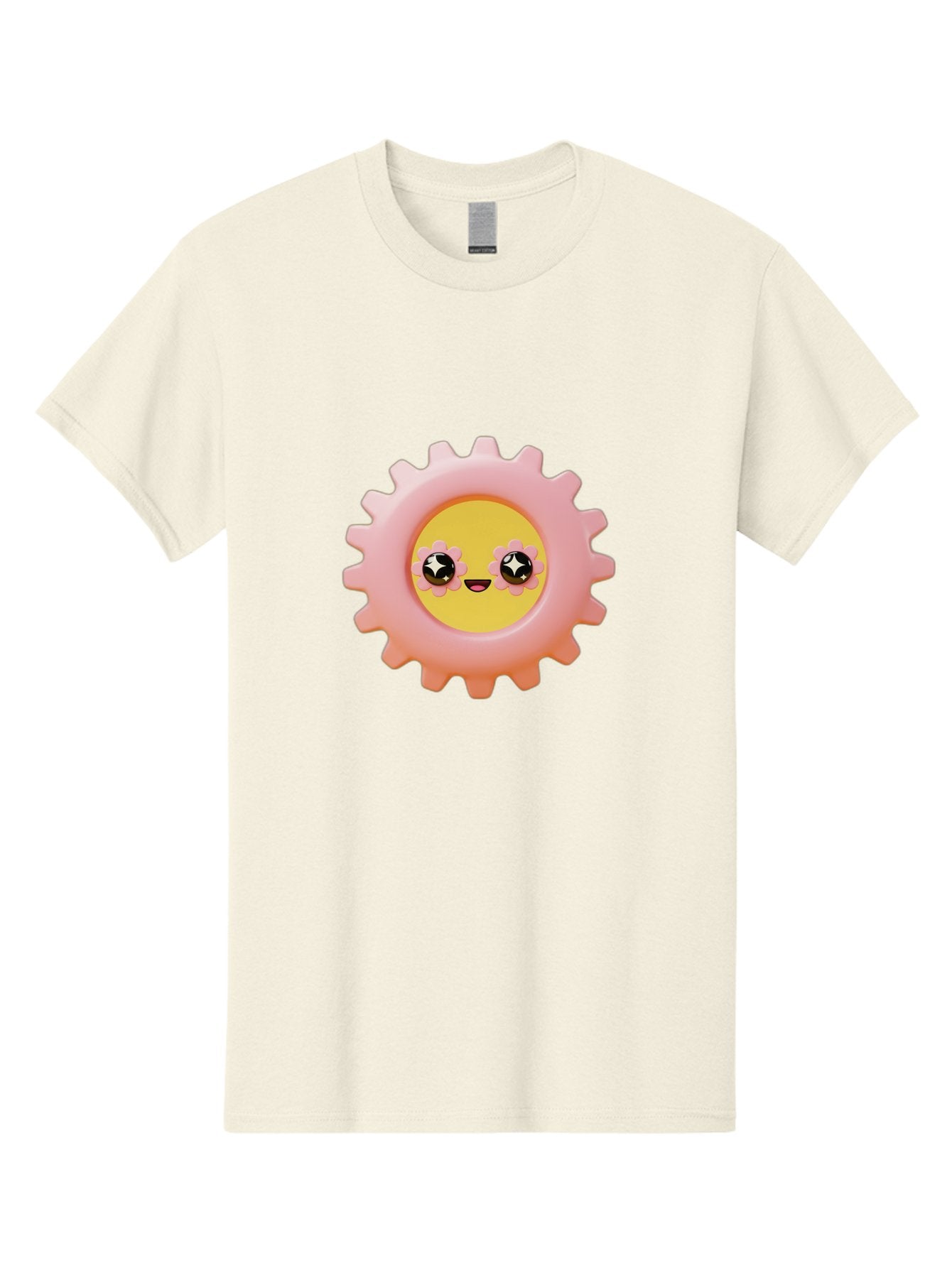 Cog-Emoji Men'S Graphic Tee, 100% Cotton, Comfortable Casual Summer Wear, Machine Washable, Pink Gear, Smiley Face, Cartoon Character, Playful Smile, Happy Expression, Cute Design, Toothed Wheel, Yellow Center, Black Eyes Bac882 15