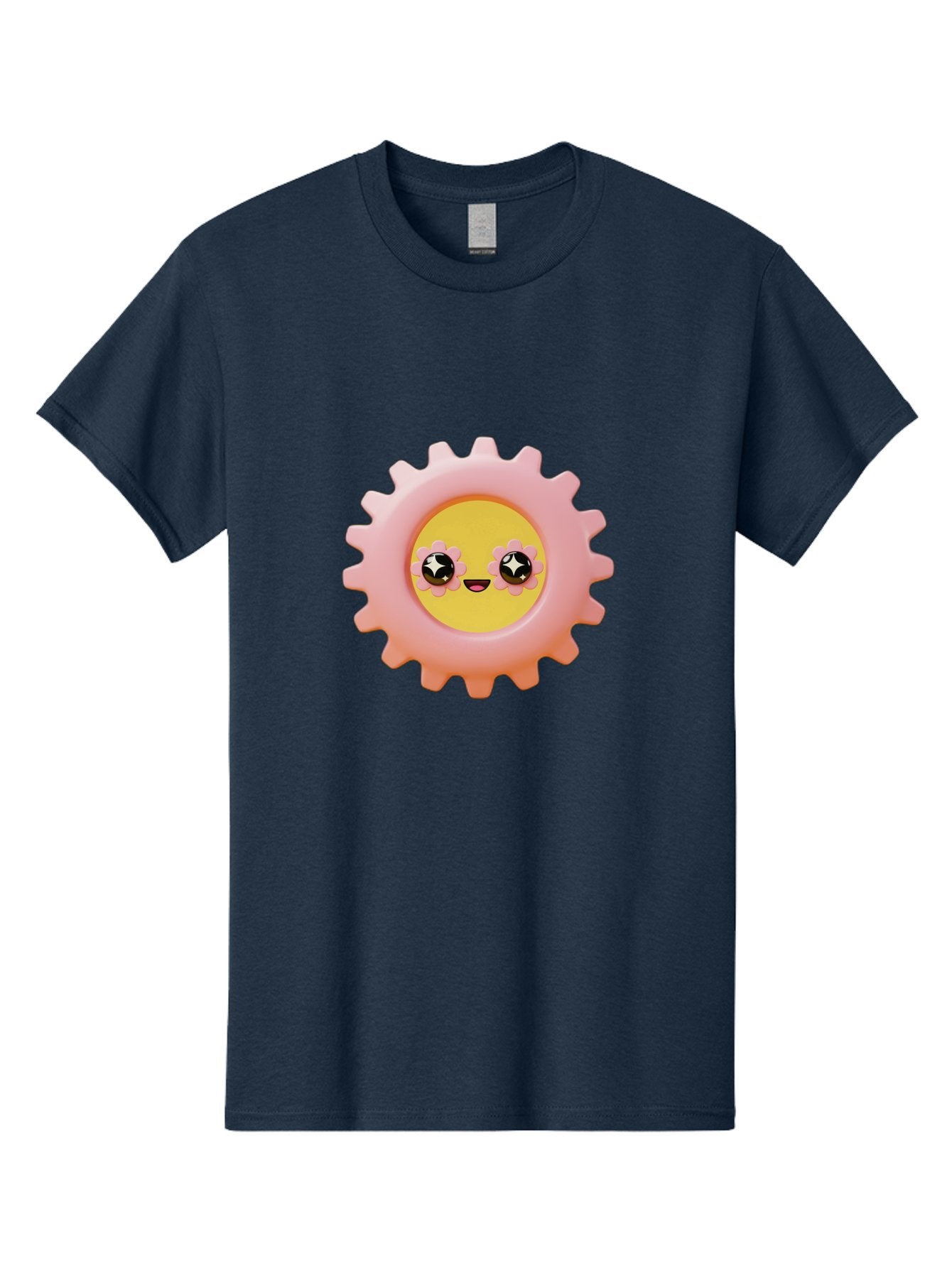 Cog-Emoji Men'S Graphic Tee, 100% Cotton, Comfortable Casual Summer Wear, Machine Washable, Pink Gear, Smiley Face, Cartoon Character, Playful Smile, Happy Expression, Cute Design, Toothed Wheel, Yellow Center, Black Eyes Bac882 9