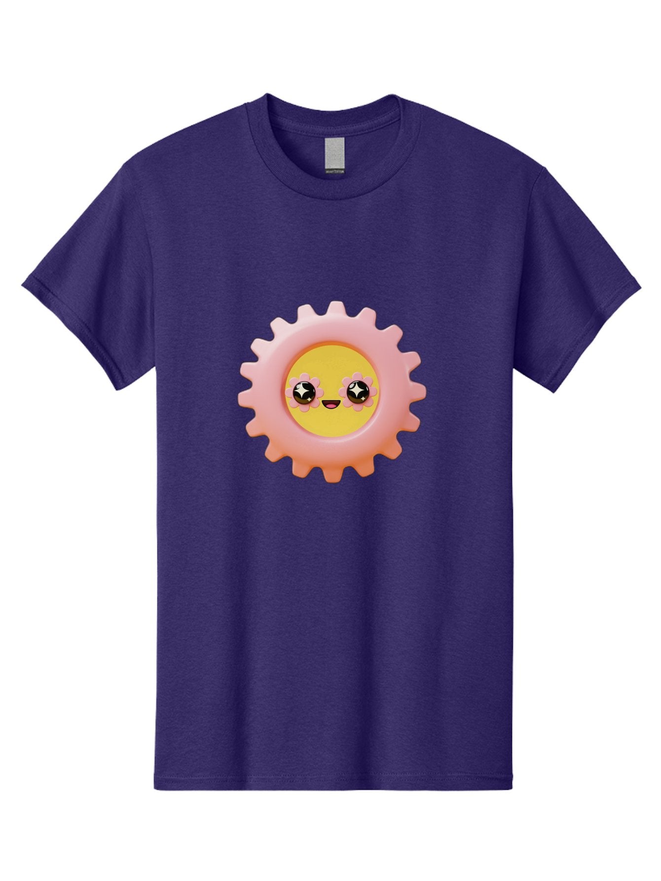 Cog-Emoji Men'S Graphic Tee, 100% Cotton, Comfortable Casual Summer Wear, Machine Washable, Pink Gear, Smiley Face, Cartoon Character, Playful Smile, Happy Expression, Cute Design, Toothed Wheel, Yellow Center, Black Eyes Bac882
