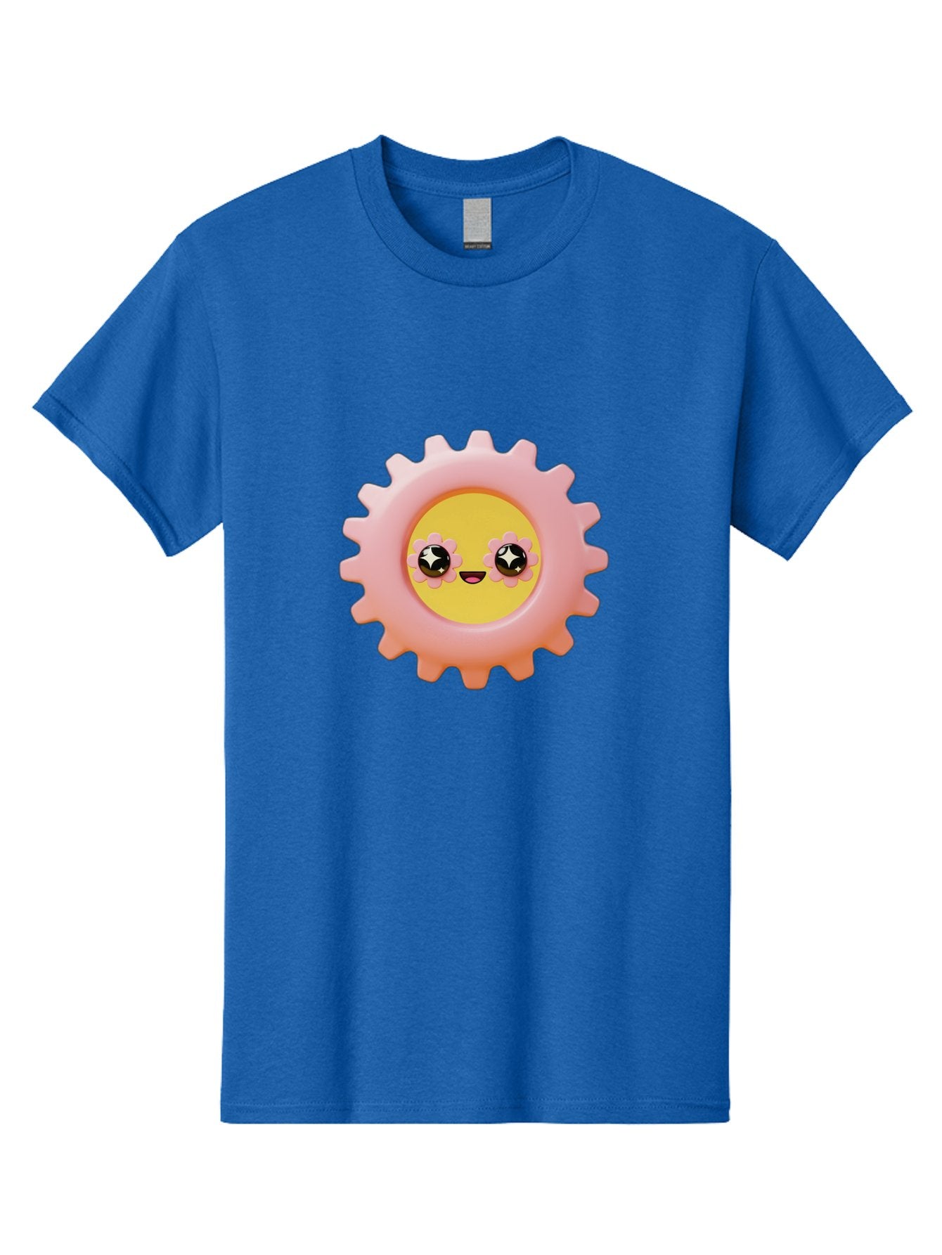 Cog-Emoji Men'S Graphic Tee, 100% Cotton, Comfortable Casual Summer Wear, Machine Washable, Pink Gear, Smiley Face, Cartoon Character, Playful Smile, Happy Expression, Cute Design, Toothed Wheel, Yellow Center, Black Eyes Bac882 3