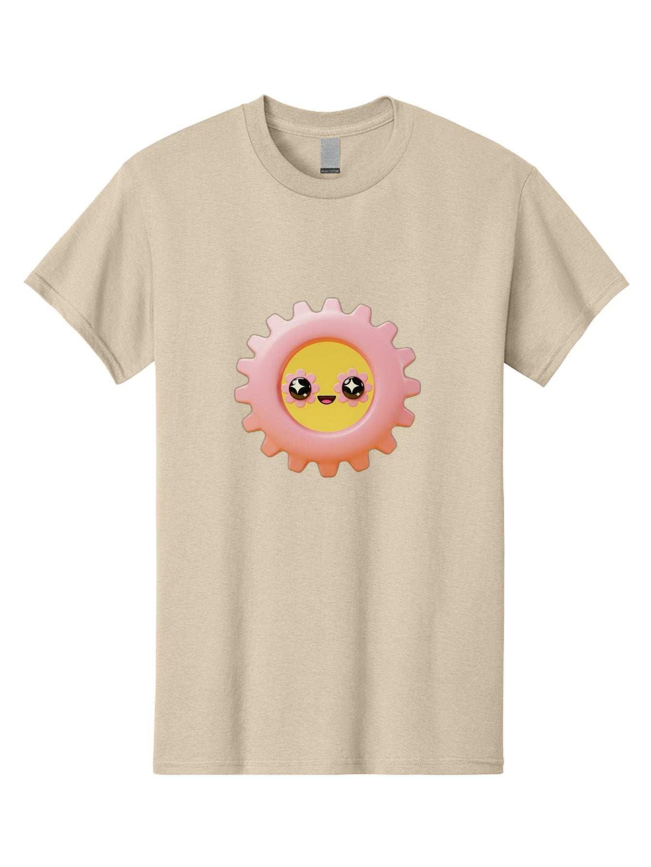 Cog-Emoji Men'S Graphic Tee, 100% Cotton, Comfortable Casual Summer Wear, Machine Washable, Pink Gear, Smiley Face, Cartoon Character, Playful Smile, Happy Expression, Cute Design, Toothed Wheel, Yellow Center, Black Eyes Bac882 11