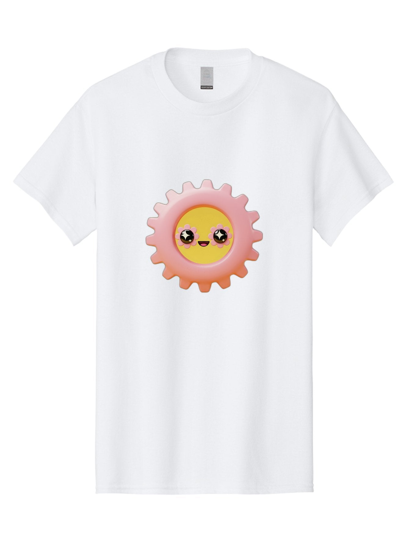 Cog-Emoji Men'S Graphic Tee, 100% Cotton, Comfortable Casual Summer Wear, Machine Washable, Pink Gear, Smiley Face, Cartoon Character, Playful Smile, Happy Expression, Cute Design, Toothed Wheel, Yellow Center, Black Eyes Bac882