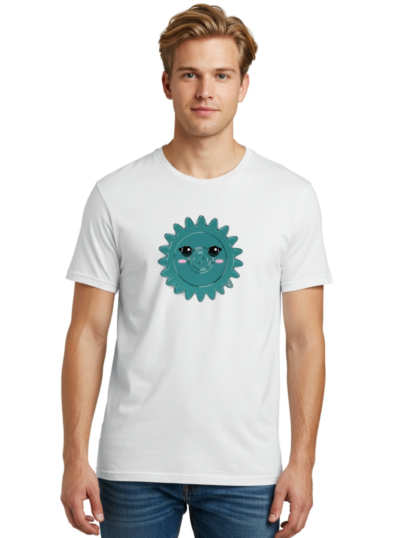 Cog-With-Eyes Men'S Graphic Tee, 100% Cotton, Comfortable Casual Summer Wear, Machine Washable, Cartoon Cog, Mechanical Face, Cute Illustration, Digital Art, Spiky Gear, Playful Design, Tech-Inspired, Fun Character, Machinery Personified, Bac883 24
