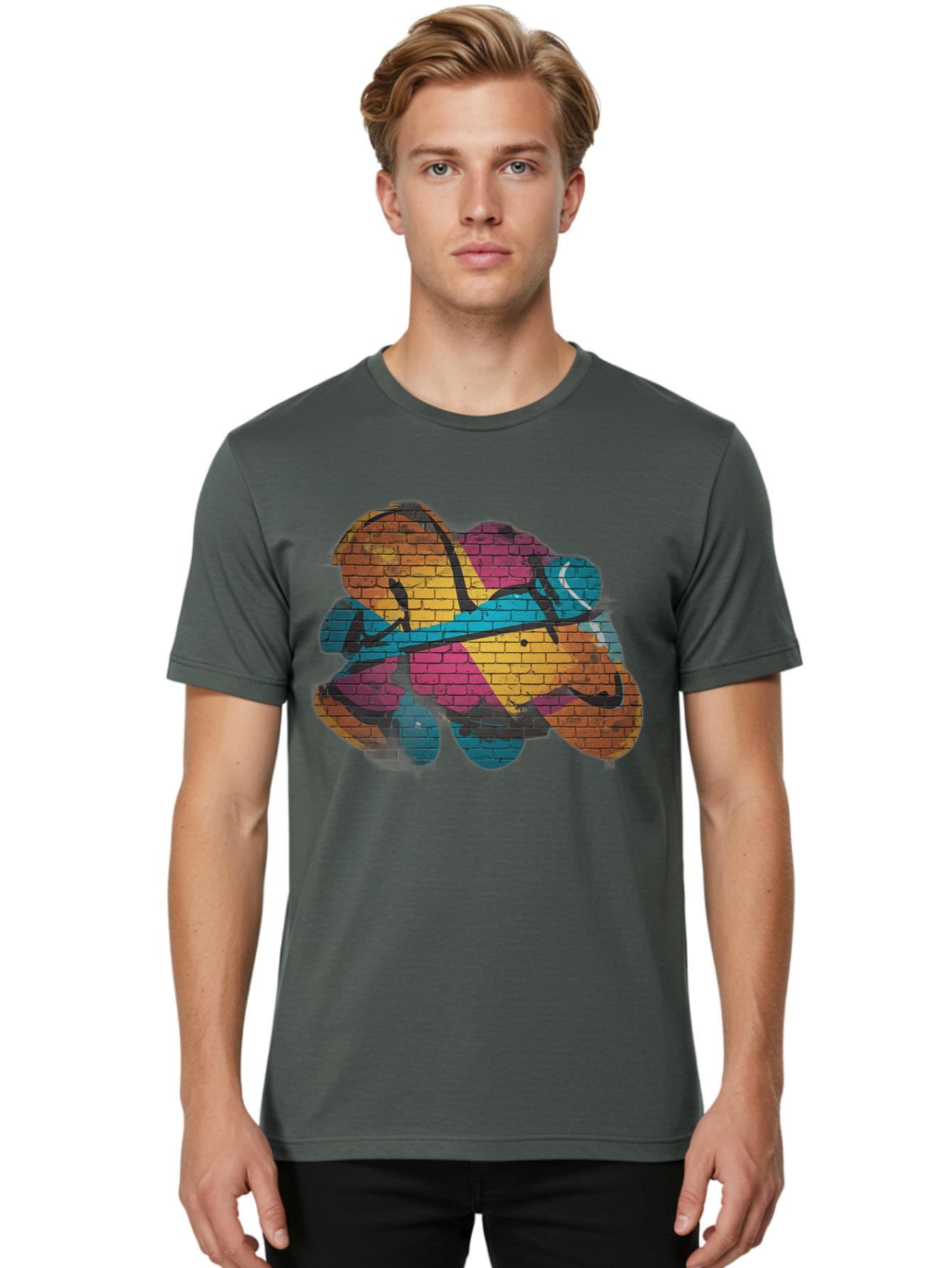 Colorful-Graffiti Men'S Graphic Tee, 100% Cotton, Comfortable Casual Summer Wear, Machine Washable, Graffiti Art, Street Art, Urban Design, Shamrock, Four-Leaf Clover, Colorful Mural, Vibrant Colors, Brick Texture, Symbolic Representation Bac884 26