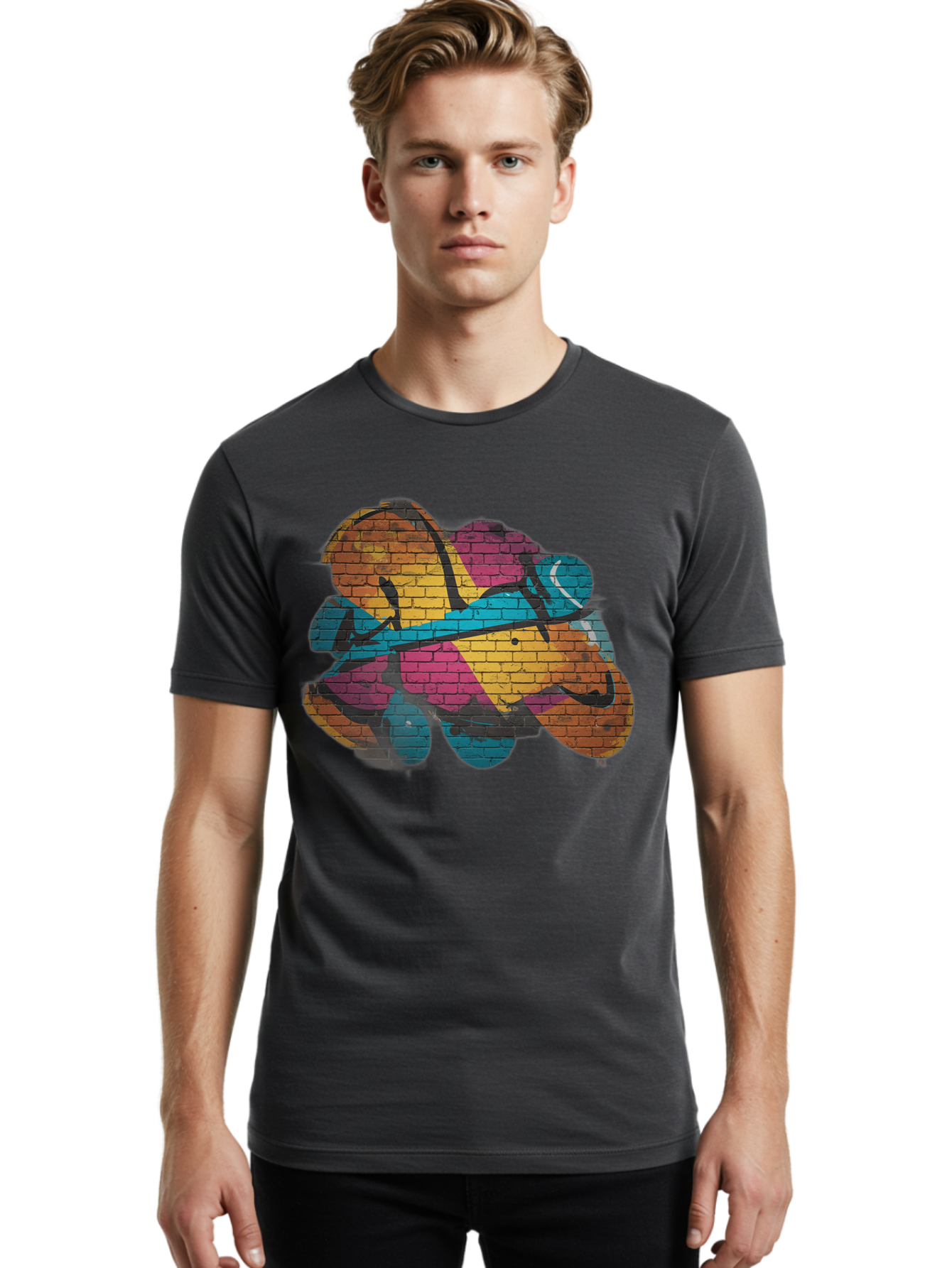 Colorful-Graffiti Men'S Graphic Tee, 100% Cotton, Comfortable Casual Summer Wear, Machine Washable, Graffiti Art, Street Art, Urban Design, Shamrock, Four-Leaf Clover, Colorful Mural, Vibrant Colors, Brick Texture, Symbolic Representation Bac884 19