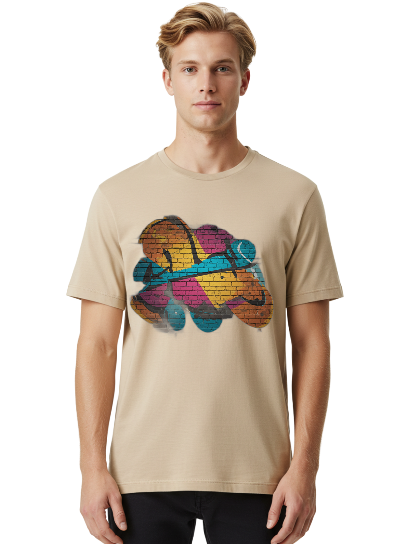 Colorful-Graffiti Men'S Graphic Tee, 100% Cotton, Comfortable Casual Summer Wear, Machine Washable, Graffiti Art, Street Art, Urban Design, Shamrock, Four-Leaf Clover, Colorful Mural, Vibrant Colors, Brick Texture, Symbolic Representation Bac884 29