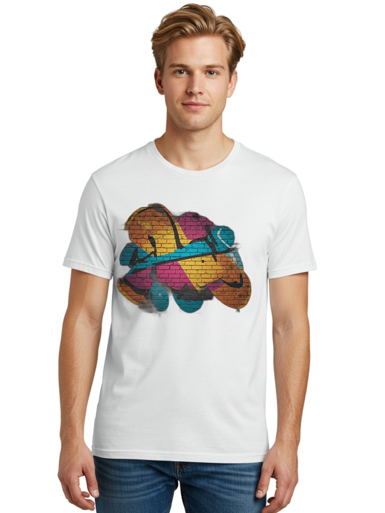 Colorful-Graffiti Men'S Graphic Tee, 100% Cotton, Comfortable Casual Summer Wear, Machine Washable, Graffiti Art, Street Art, Urban Design, Shamrock, Four-Leaf Clover, Colorful Mural, Vibrant Colors, Brick Texture, Symbolic Representation Bac884 21