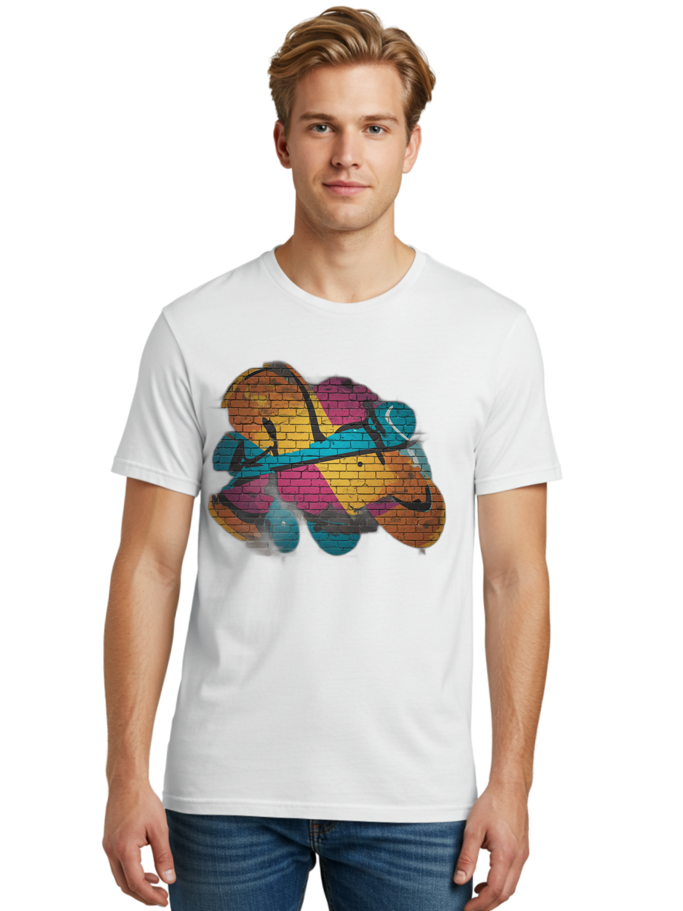 Colorful-Graffiti Men'S Graphic Tee, 100% Cotton, Comfortable Casual Summer Wear, Machine Washable, Graffiti Art, Street Art, Urban Design, Shamrock, Four-Leaf Clover, Colorful Mural, Vibrant Colors, Brick Texture, Symbolic Representation Bac884 25