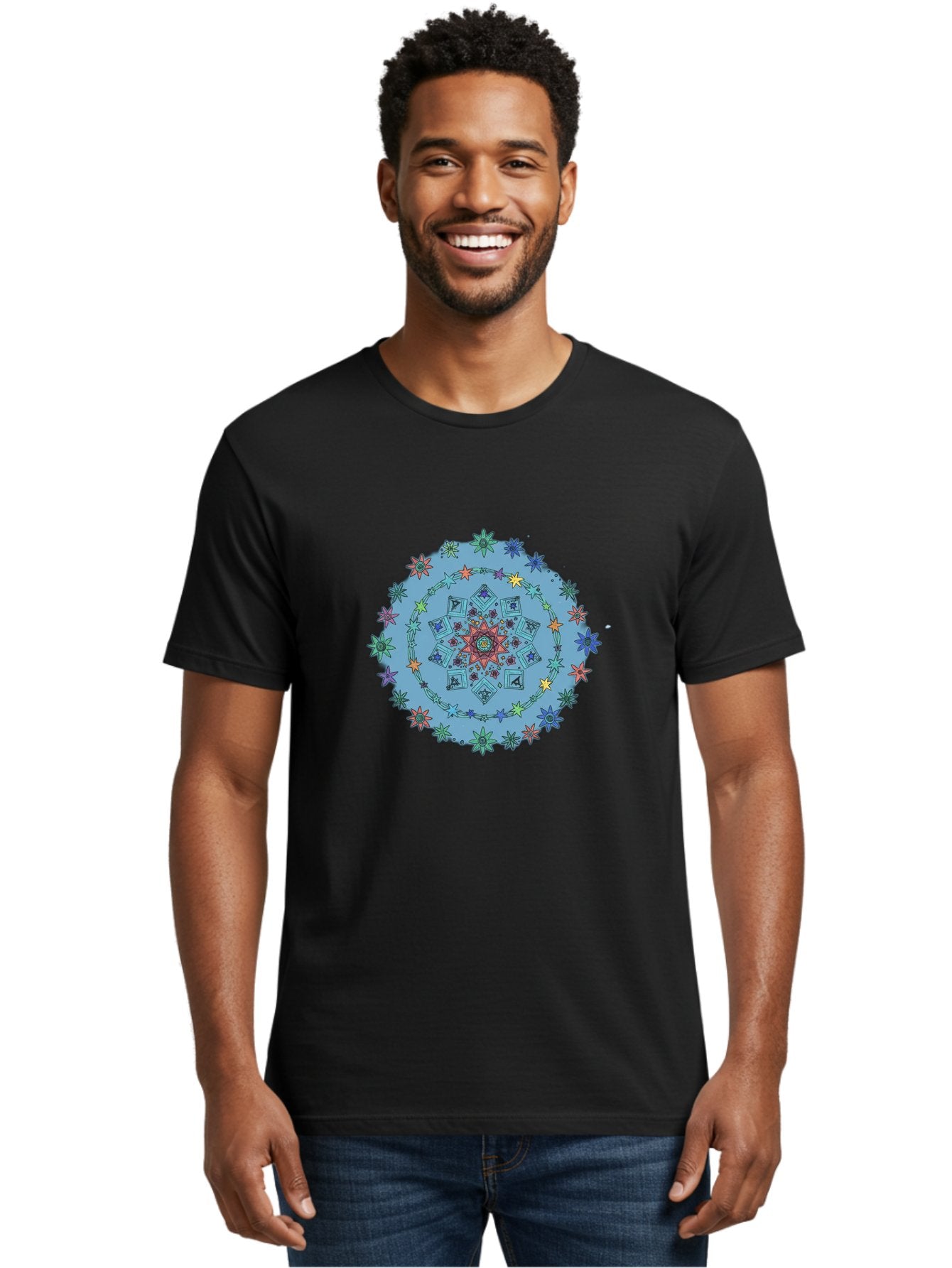 Colorful-Mandala Men'S Graphic Tee, 100% Cotton, Comfortable Casual Summer Wear, Machine Washable, Kaleidoscope Pattern, Mandala Design, Floral Motif, Symmetrical Art, Colorful Geometric Shapes, Vibrant Colors, Intricate Details, Abstract Art, Bac885 29