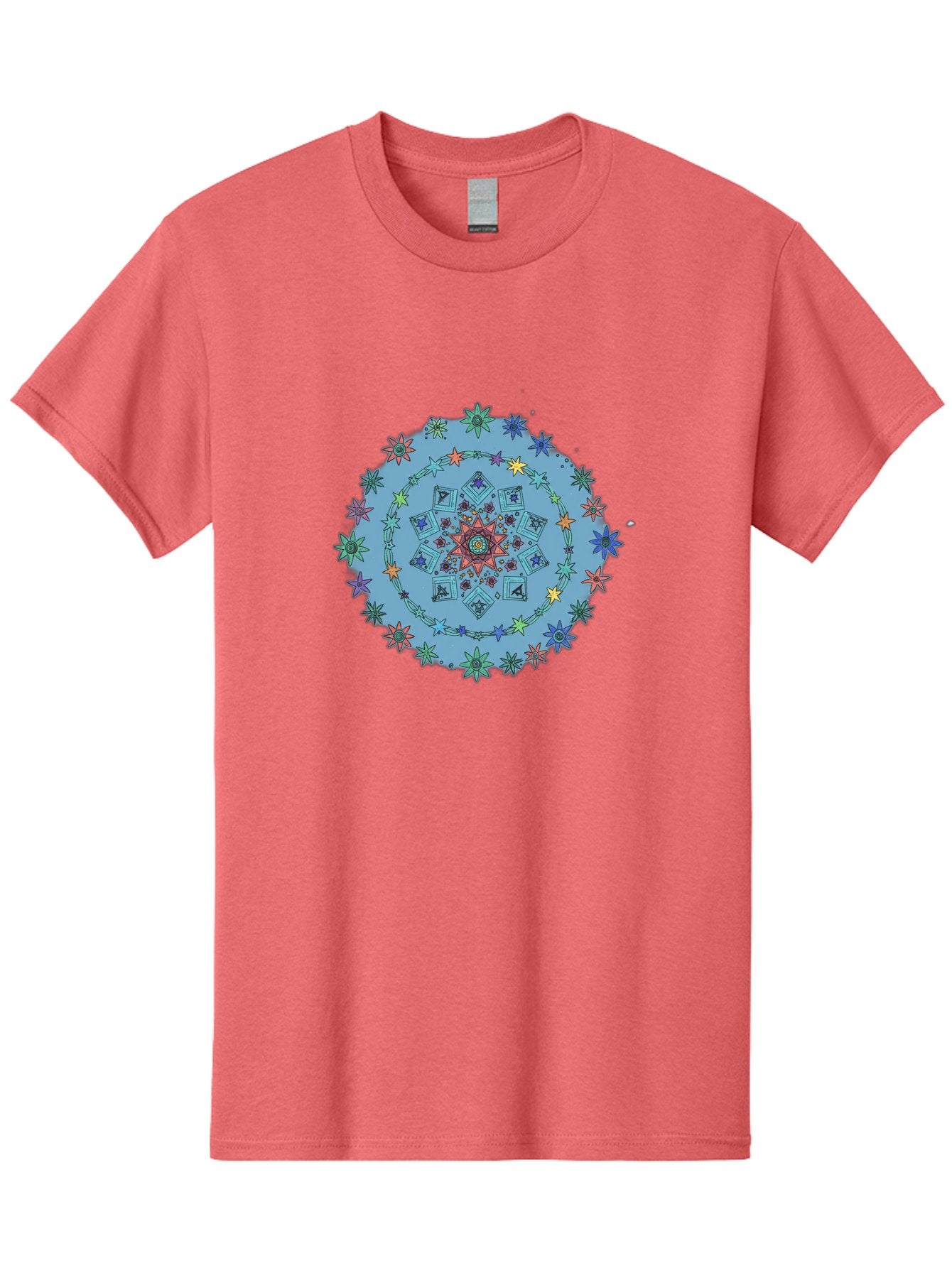 Colorful-Mandala Men'S Graphic Tee, 100% Cotton, Comfortable Casual Summer Wear, Machine Washable, Kaleidoscope Pattern, Mandala Design, Floral Motif, Symmetrical Art, Colorful Geometric Shapes, Vibrant Colors, Intricate Details, Abstract Art, Bac885