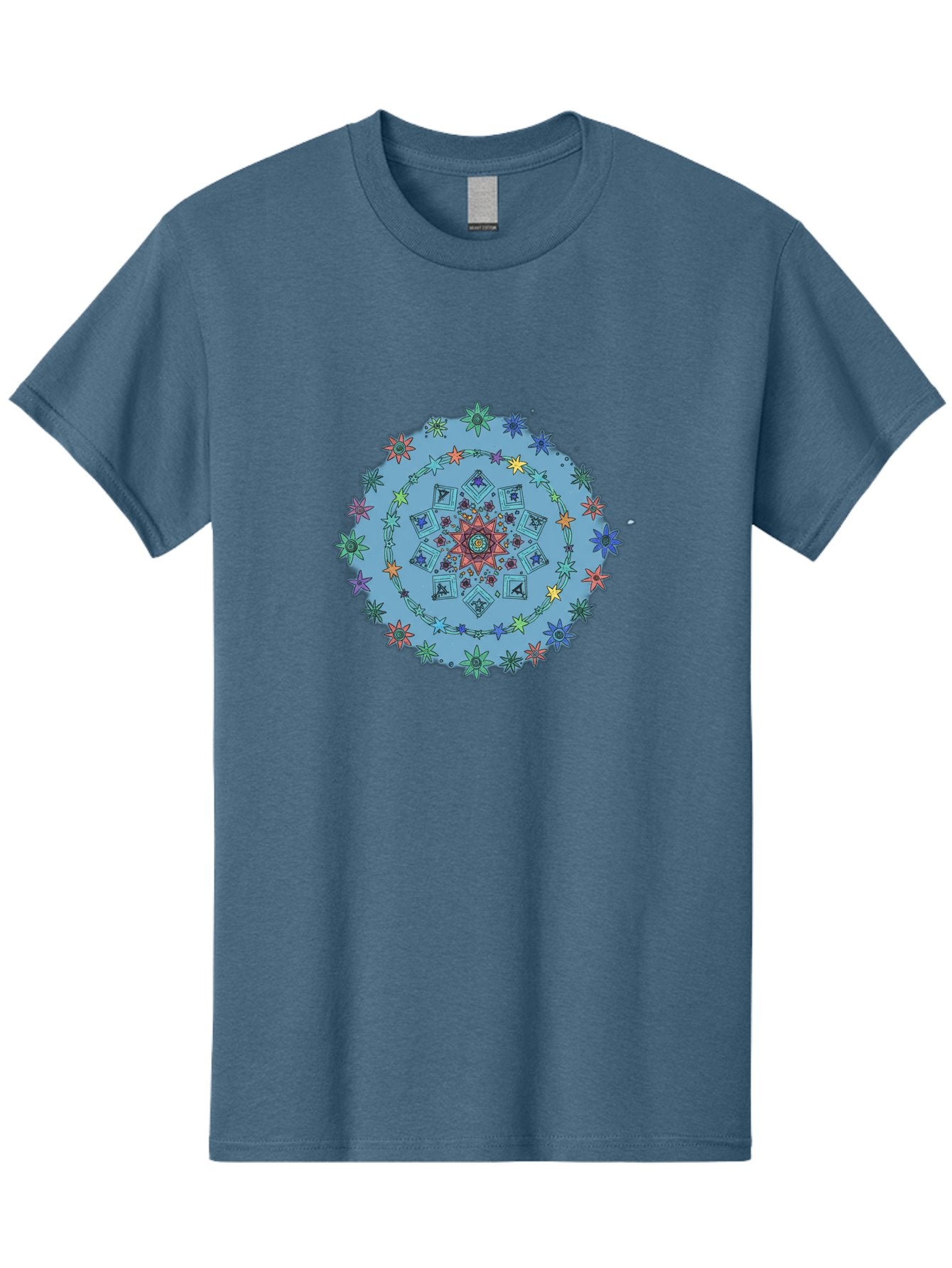 Colorful-Mandala Men'S Graphic Tee, 100% Cotton, Comfortable Casual Summer Wear, Machine Washable, Kaleidoscope Pattern, Mandala Design, Floral Motif, Symmetrical Art, Colorful Geometric Shapes, Vibrant Colors, Intricate Details, Abstract Art, Bac885 7