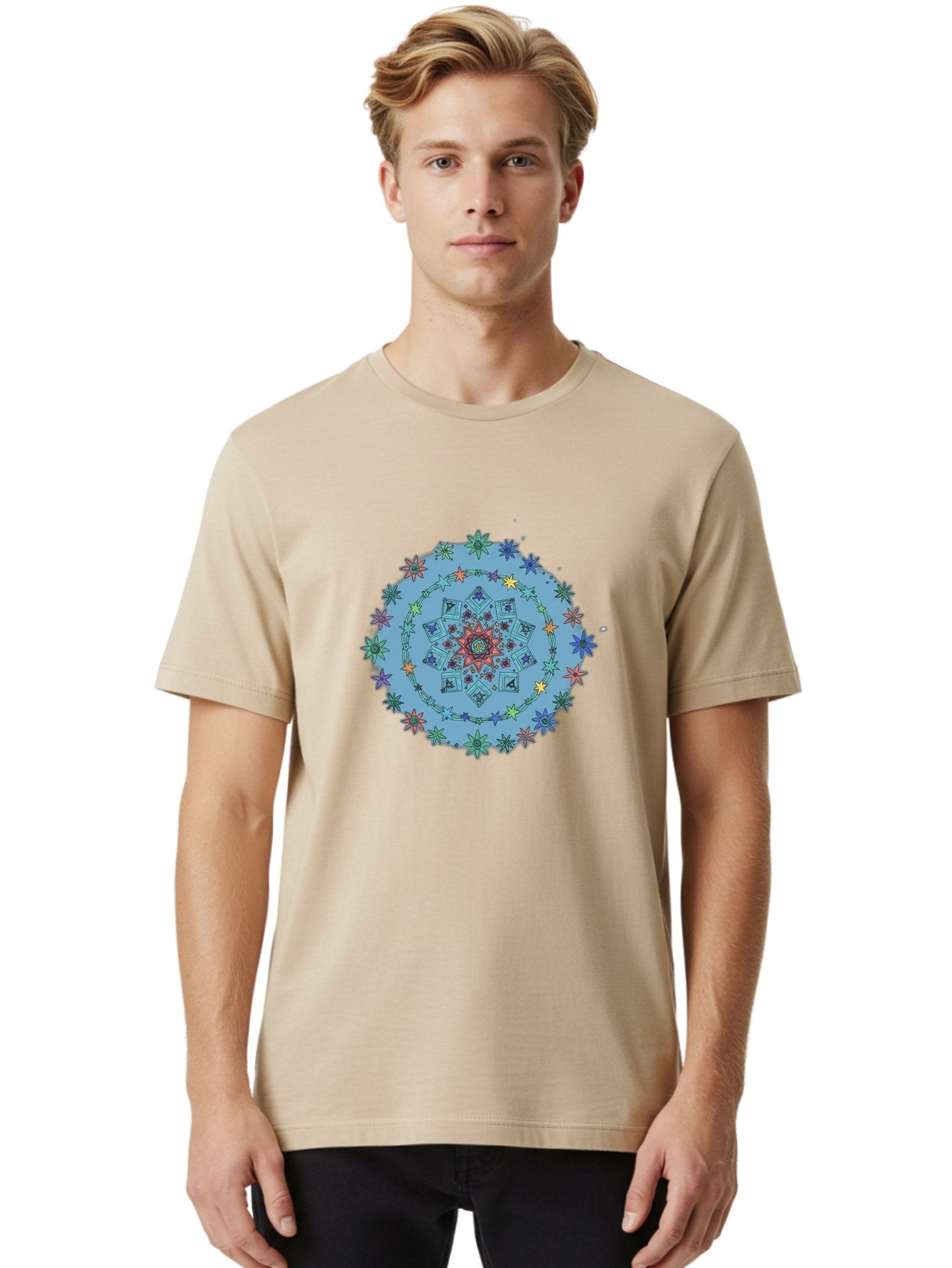 Colorful-Mandala Men'S Graphic Tee, 100% Cotton, Comfortable Casual Summer Wear, Machine Washable, Kaleidoscope Pattern, Mandala Design, Floral Motif, Symmetrical Art, Colorful Geometric Shapes, Vibrant Colors, Intricate Details, Abstract Art, Bac885 23