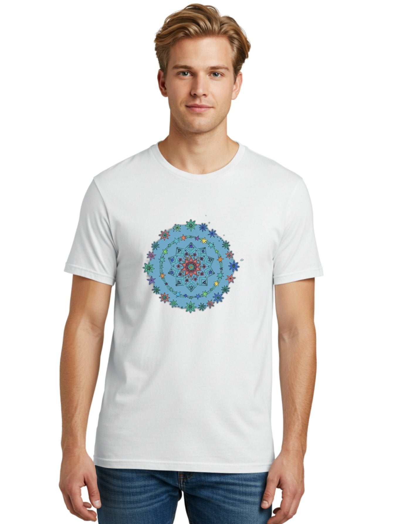 Colorful-Mandala Men'S Graphic Tee, 100% Cotton, Comfortable Casual Summer Wear, Machine Washable, Kaleidoscope Pattern, Mandala Design, Floral Motif, Symmetrical Art, Colorful Geometric Shapes, Vibrant Colors, Intricate Details, Abstract Art, Bac885 17