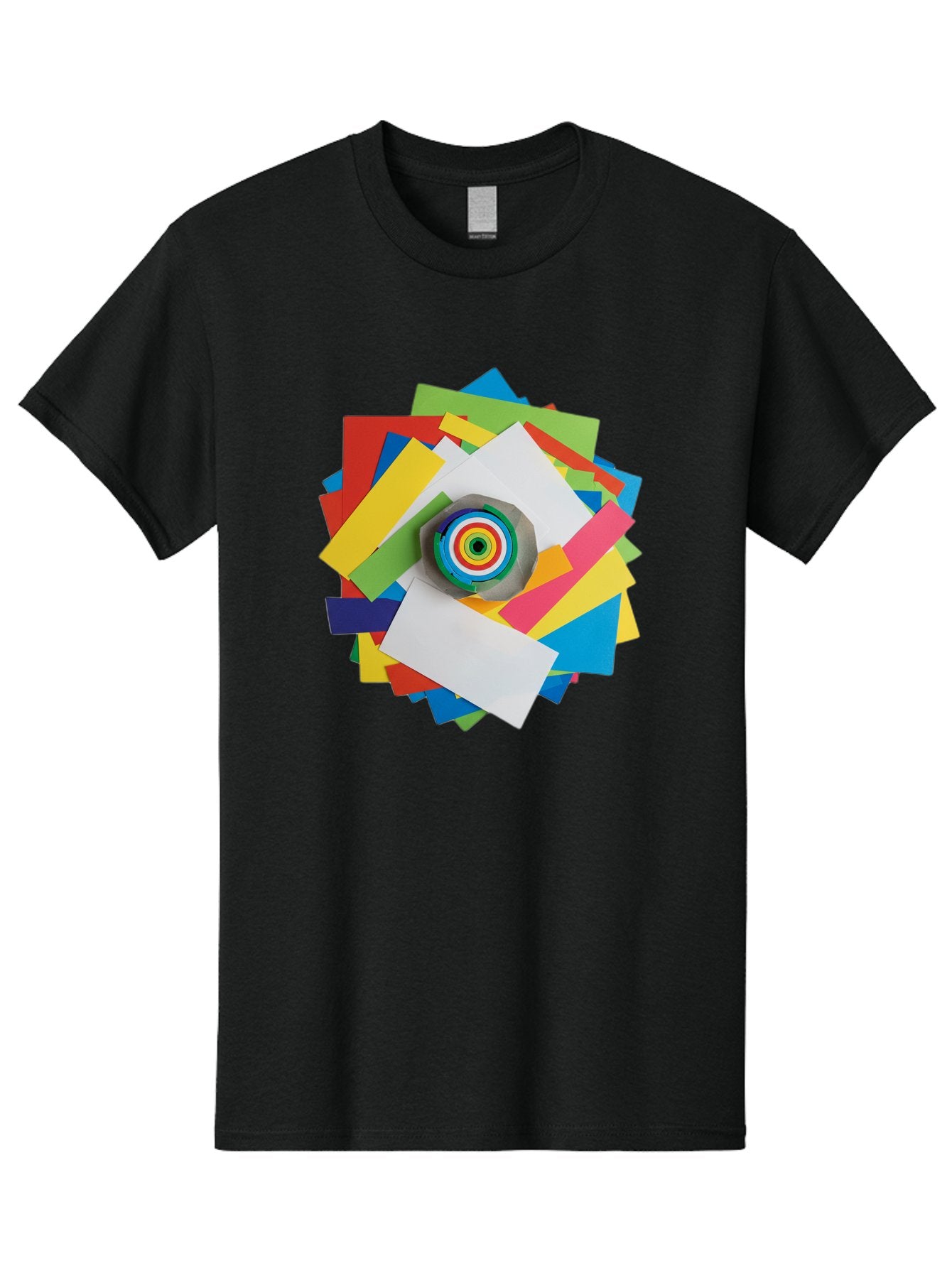 Colorful-Paper-Scraps Men'S Graphic Tee, 100% Cotton, Comfortable Casual Summer Wear, Machine Washable, Multicolored Papers, Camera Lens, Creative Collage, Art Supplies, Vibrant Colors, Colorful Textures, Abstract Art, Photography Equipment Bac886 9