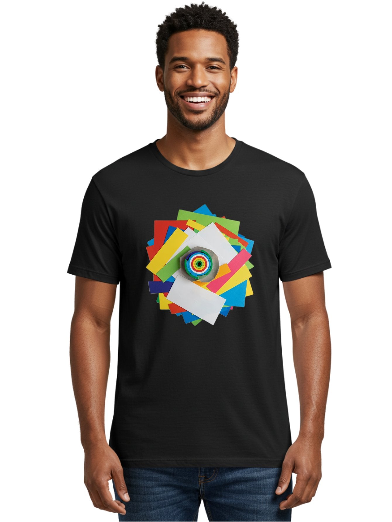 Colorful-Paper-Scraps Men'S Graphic Tee, 100% Cotton, Comfortable Casual Summer Wear, Machine Washable, Multicolored Papers, Camera Lens, Creative Collage, Art Supplies, Vibrant Colors, Colorful Textures, Abstract Art, Photography Equipment Bac886 26